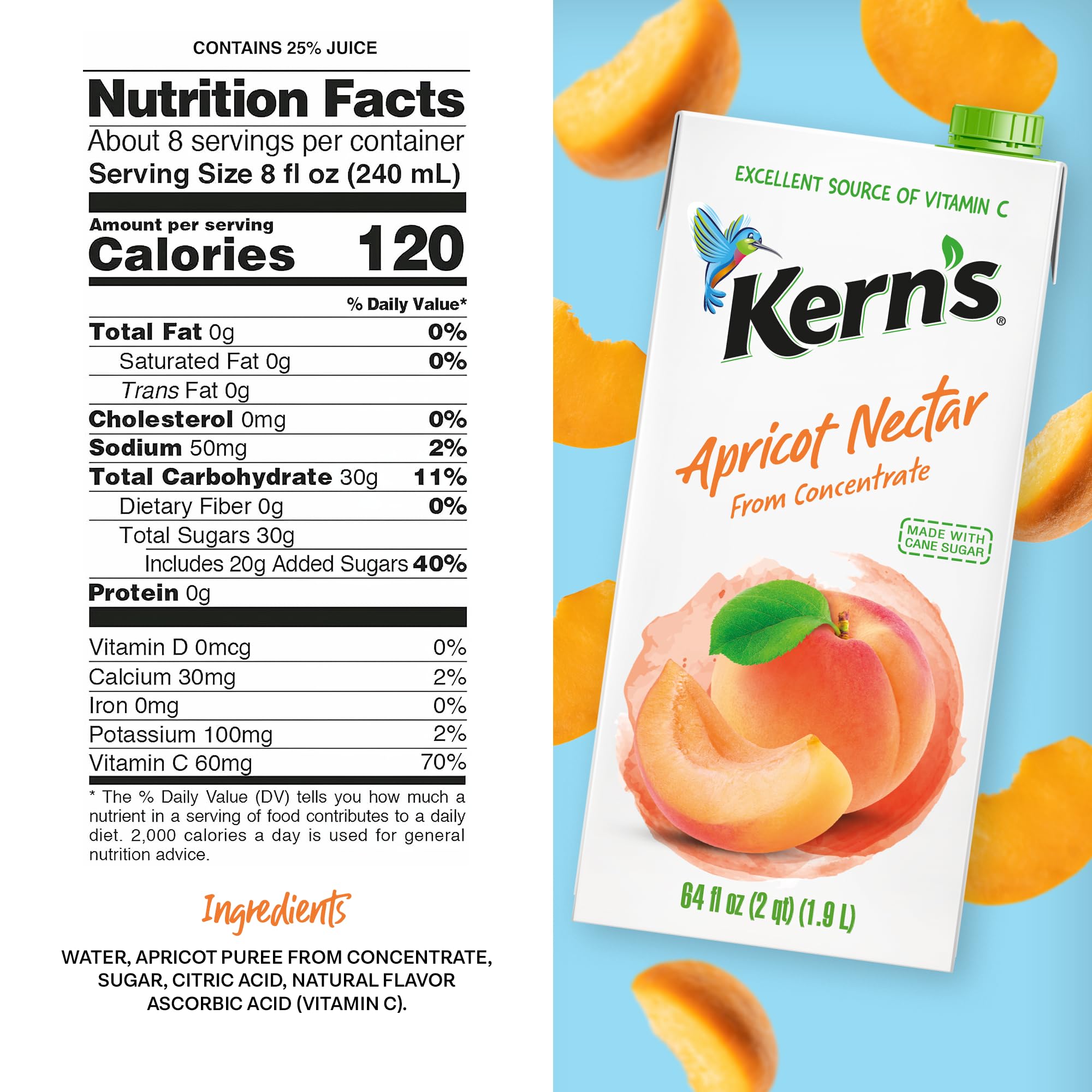 Kern’s Apricot Nectar Juice - Made with Fresh Fruit Puree & Apricot Juice Concentrate for Smoothie Mix, Cocktail Mixers, Kids Drink & Beverages - 64oz, 8 Pack Carton