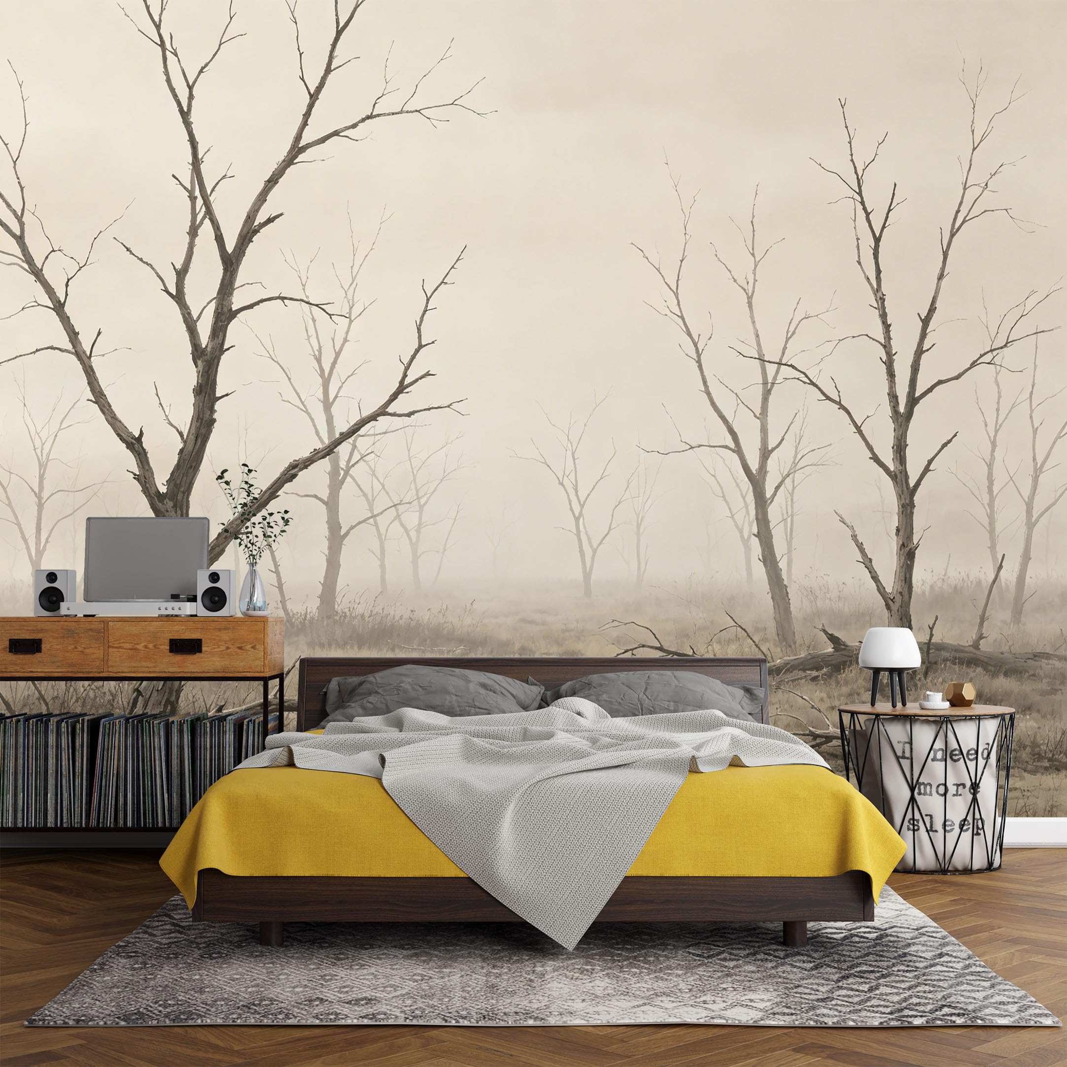 Custom Size Wall Mural Foggy Misty Forest Dead Trees Monochrome Landscape SelfAdhesive Art Prints wall Fabric（No PVC） Removable Wallpaper Living Room Decor