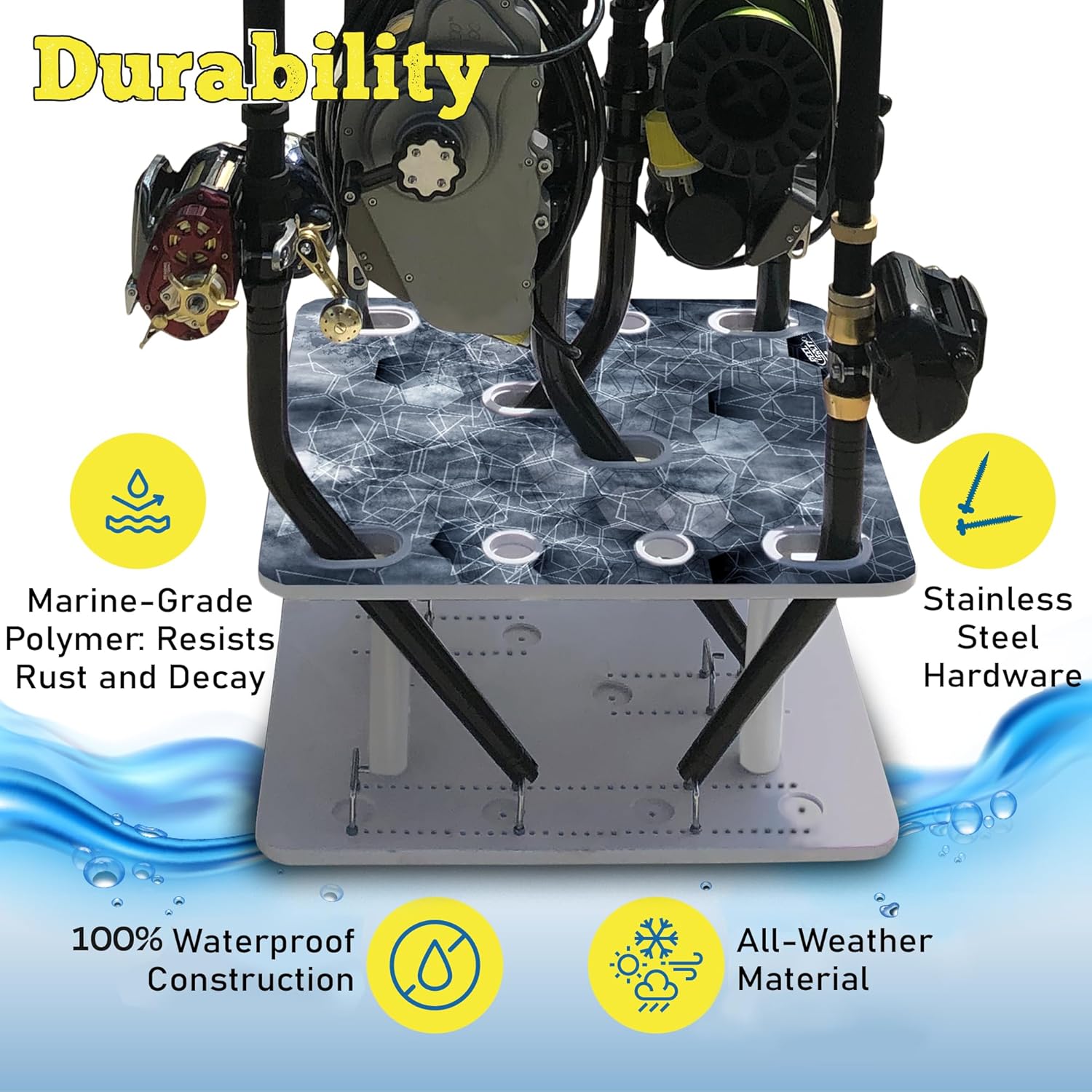 Rush Creek Creations Saltwater Fishing Rod Holder for 10 Rods (Straight & Size 2 and 4 Bent Butt), Fishing Pole Holder for Garage Organization/Dock Storage, Fishing Reels, and Fishing Accessories