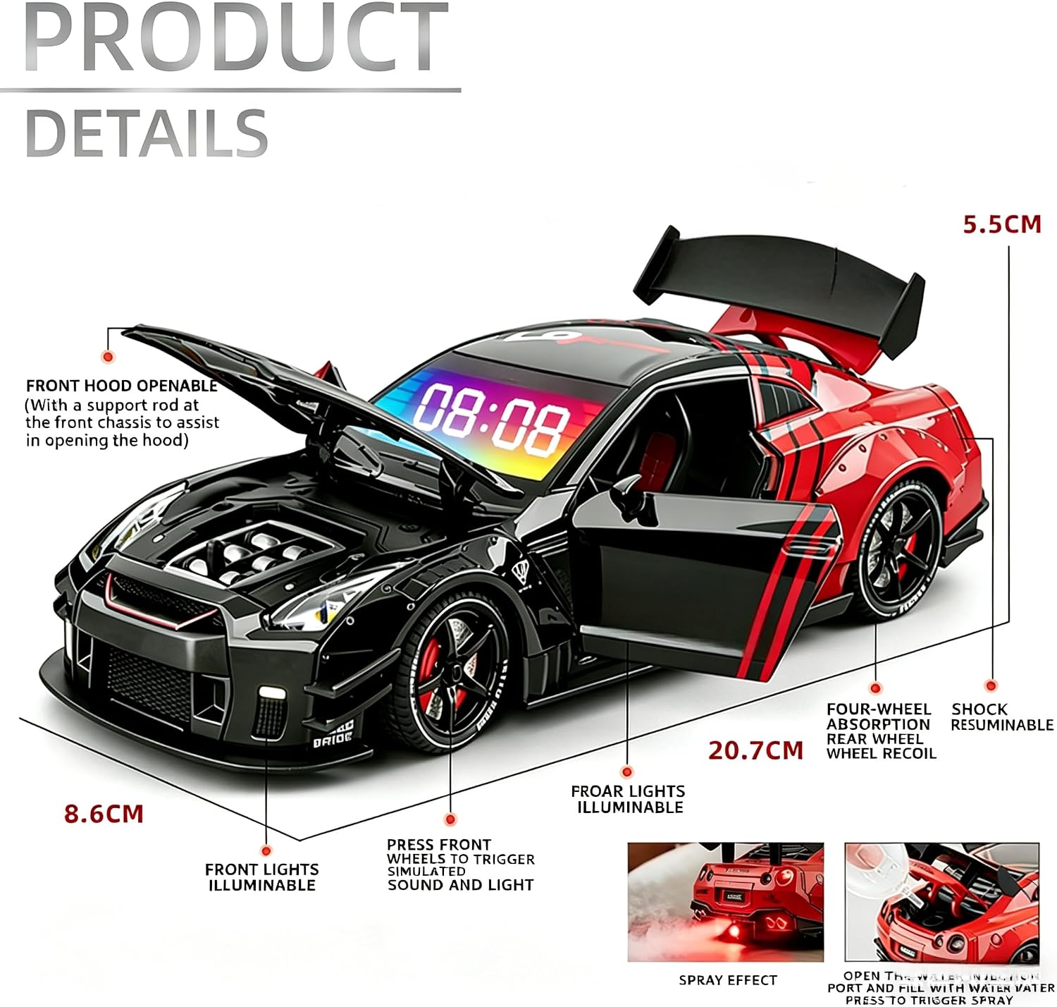 2026 Premium New Hyper-Car Alarm Clock with Realistic Engine Effects - Sports Car Alarm Clock Collector's Car Gift for Automotive Enthusiasts Light-Up Nightstand Decor (Red & Black)