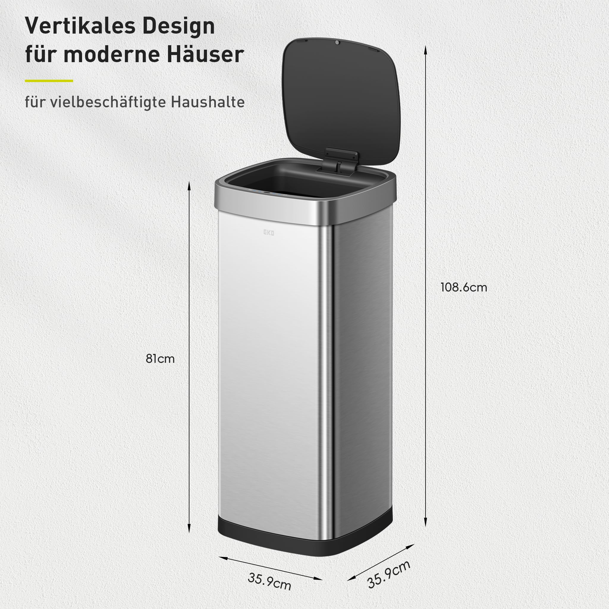 EKO EcoSmart 80L Sensor Mülleimer, großer hoher automatischer Abfalleimer, Soft-Close Deckel, fingerabdruckfrei, speziell für Ecken konzipiert, Edelstahl, elektrischer Mülleimer für Küche und Haushalt