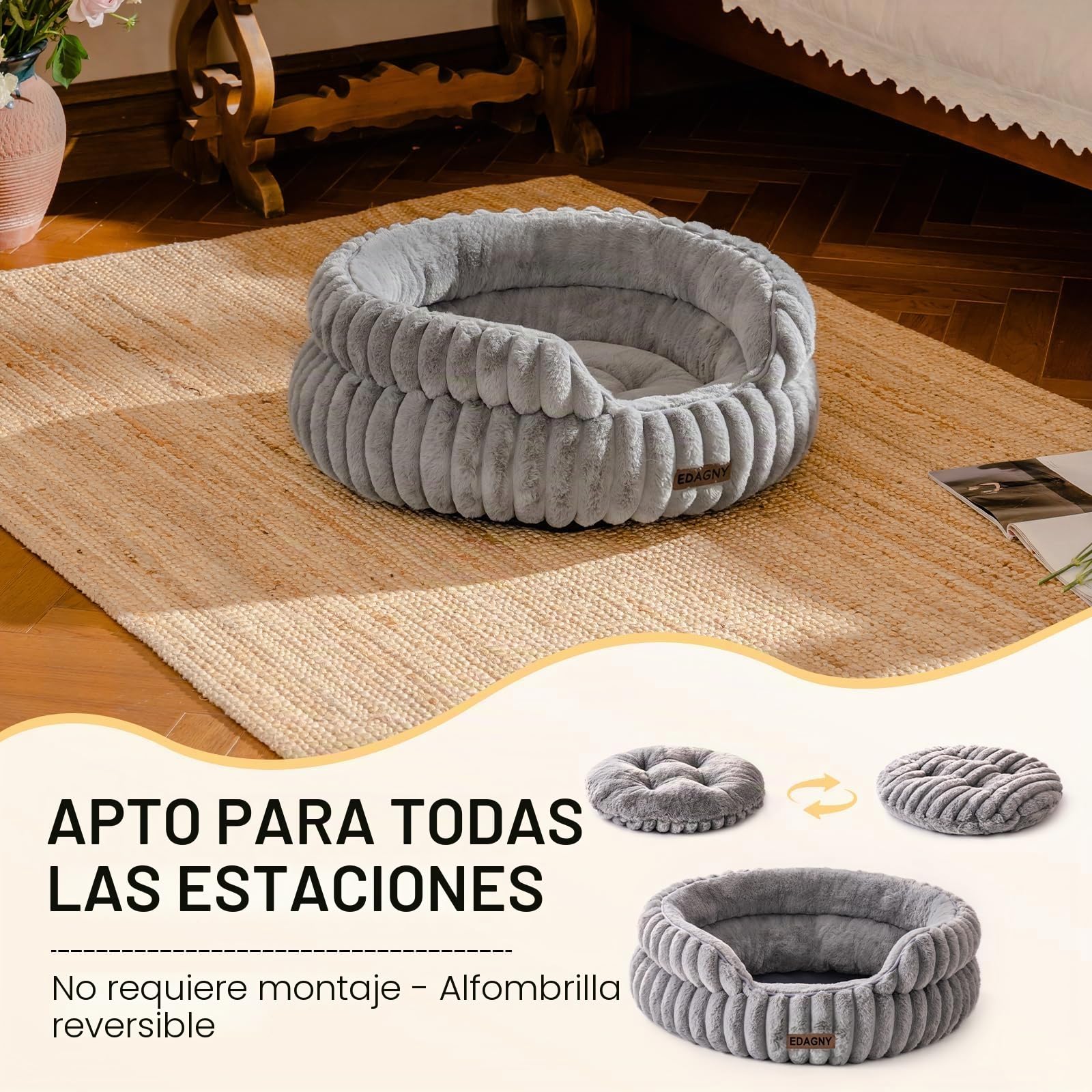EDAGNY Redonda Calmante Cama para Perro pequeña Dog Bed Cama Lavable Gris M