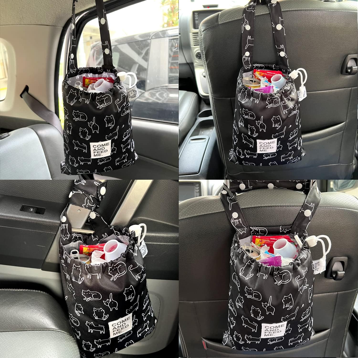 FLOCK THREE Hanging Car Trash Bag Foldable Fun Sturdy Trash Container Storage Waterproof Car Trash Bin with Velkro Cute Grocery Organizer Bag for Automotive Front Seat Headrest Trash Can (Black Cats)