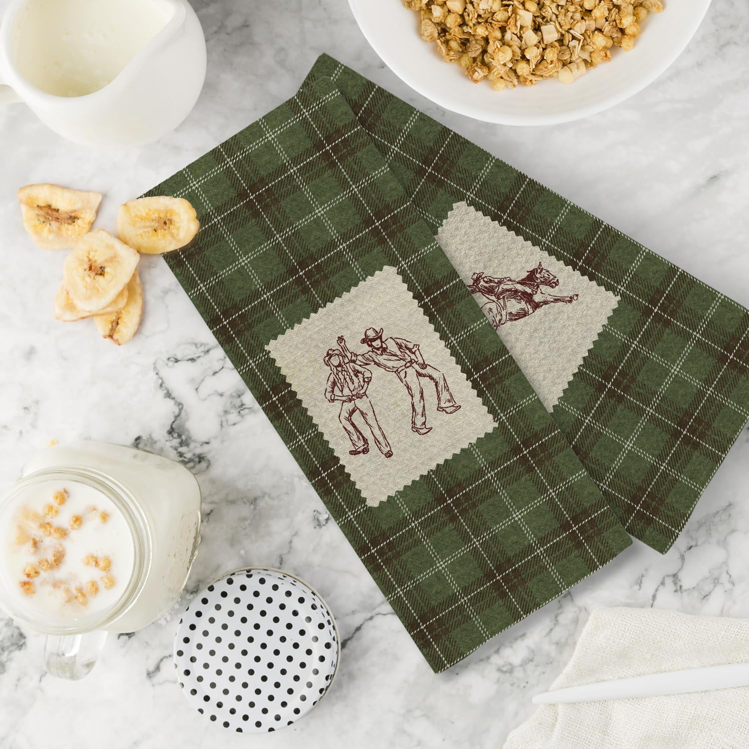 Vintage Green Plaid Western Kitchen Towels Set of 2, Retro Southwestern Cowboy Cowgirl Decorative Hand Dish Tea Towels for Bathroom, Western Kitchen Bathroom Decor, 16x24 Inch