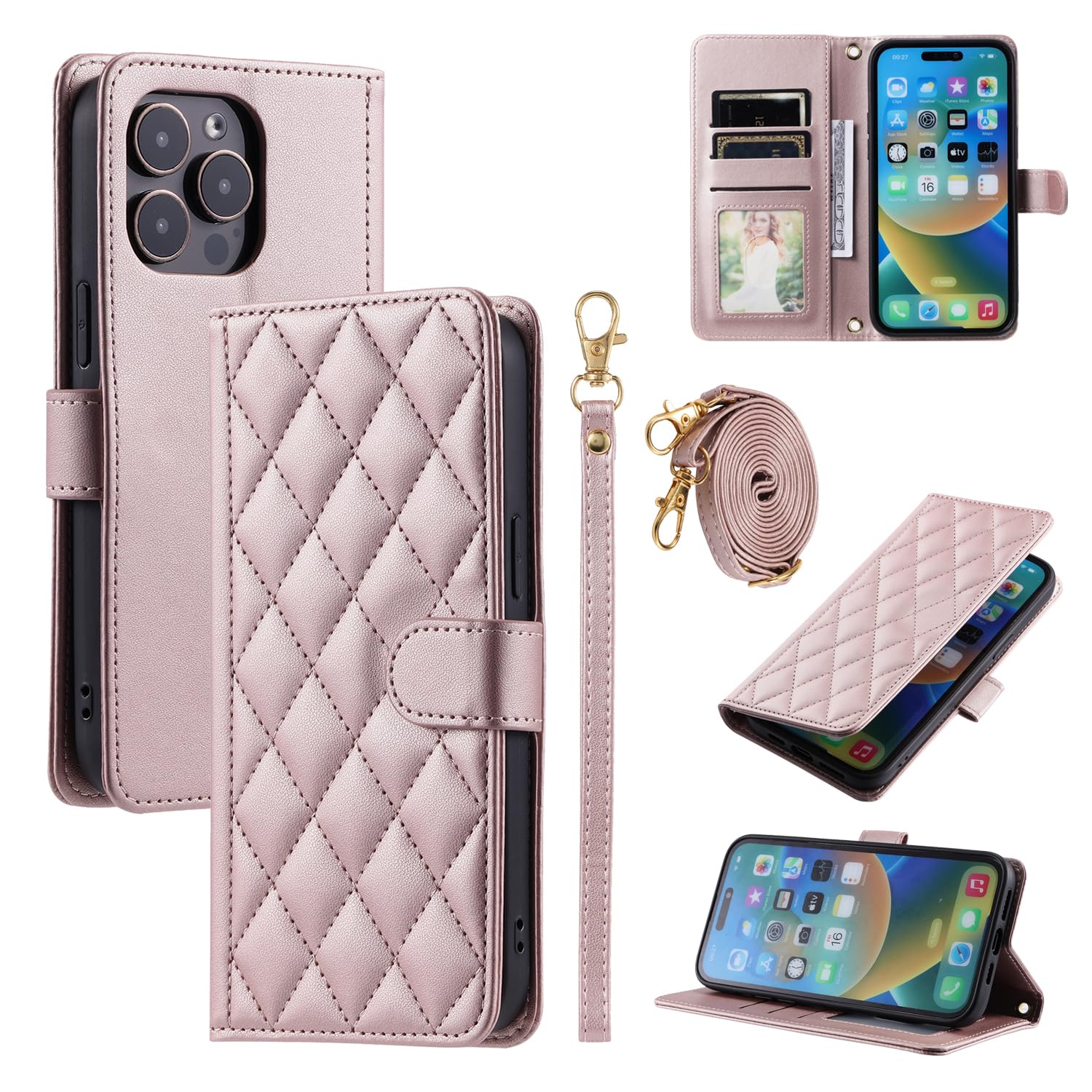 Furiet Wallet Case for iPhone 15 Pro 6.1 inch with Wrist Strap, Shoulder Strap, Multiple Card Slots Folio Purse, PU Leather Stand Cell Phone Cover for iPhone15Pro 5G i i-Phone i15 iPhone15 15Pro Pink