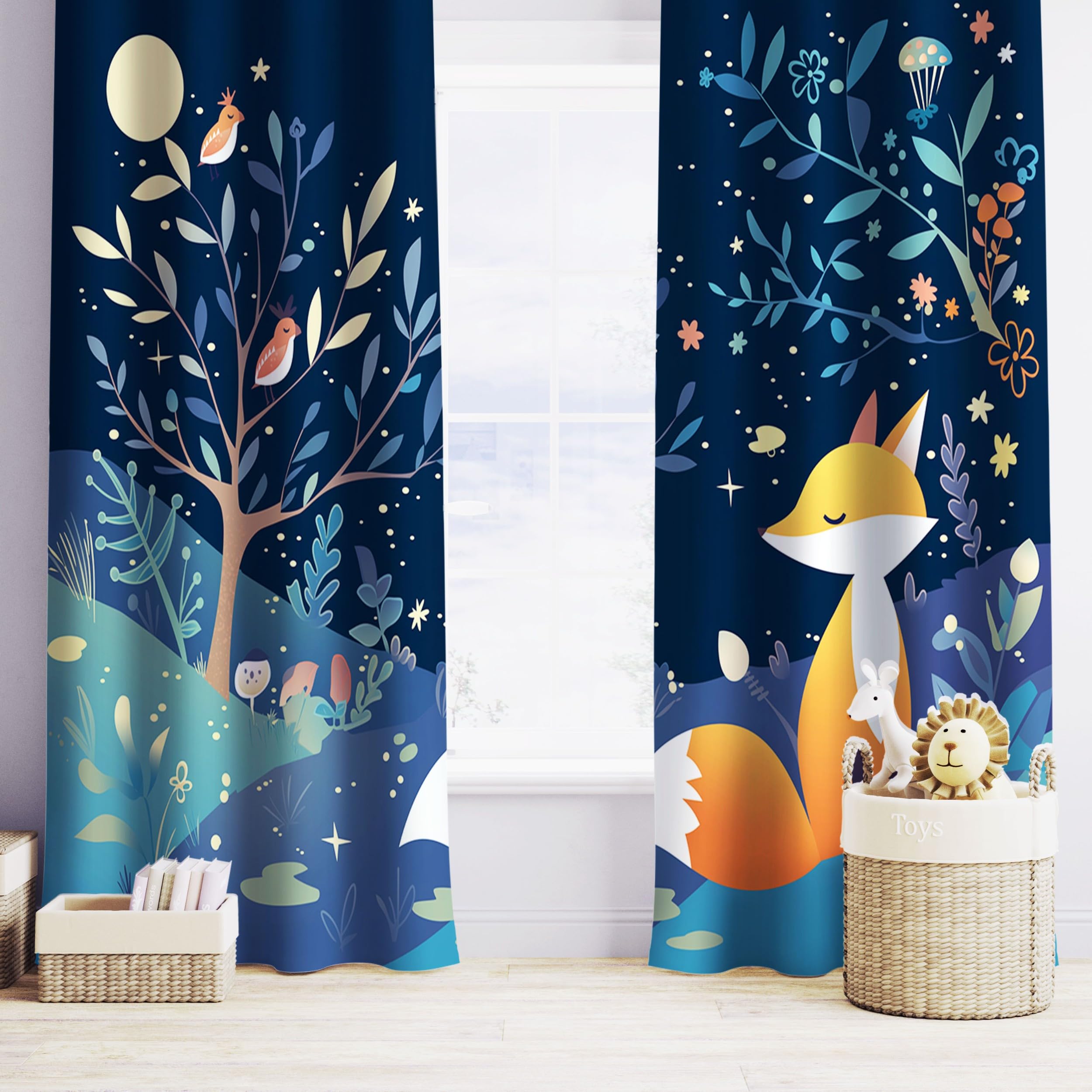 CozyRest Verdunklungsvorhänge Gardinen mit Ösen Blickdichte Vorhänge Lärmschutzvorhang für Kinderzimmer Thermo Gardinen mit Fuchs Vogel und Baum am Nachthimmel Muster, 215 x 110 cm (HxB), 2er Set