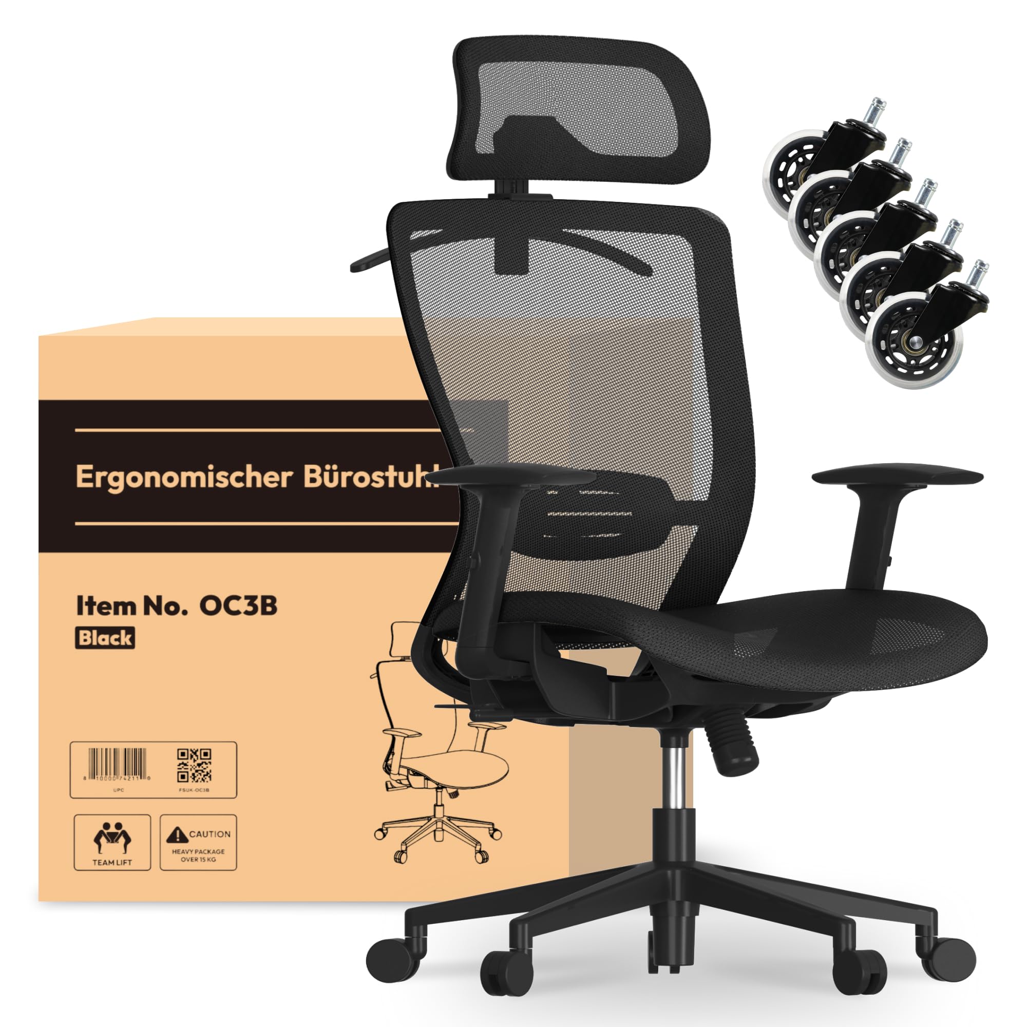 Ergonomic Office Chair With Hanger and EXTRA WHEELS Mesh Desk Chair With Height Adjustable Seat Headrest Armrest Lumbar Support and Caster Wheels (Dark Black)