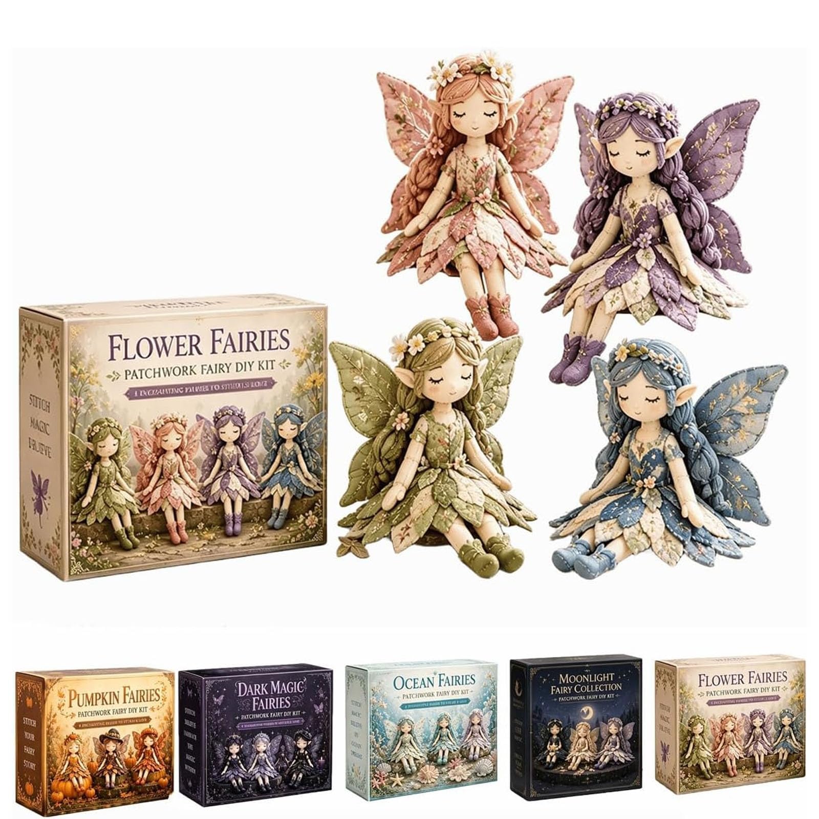 Fairy Patchwork DIY Collection, Fairy Handmade Sewing Kit, Fun Flower Fairies Patchwork Sewing Kit, 4 Handcrafted Winged Flower Fairies, Complete Sewing Materials