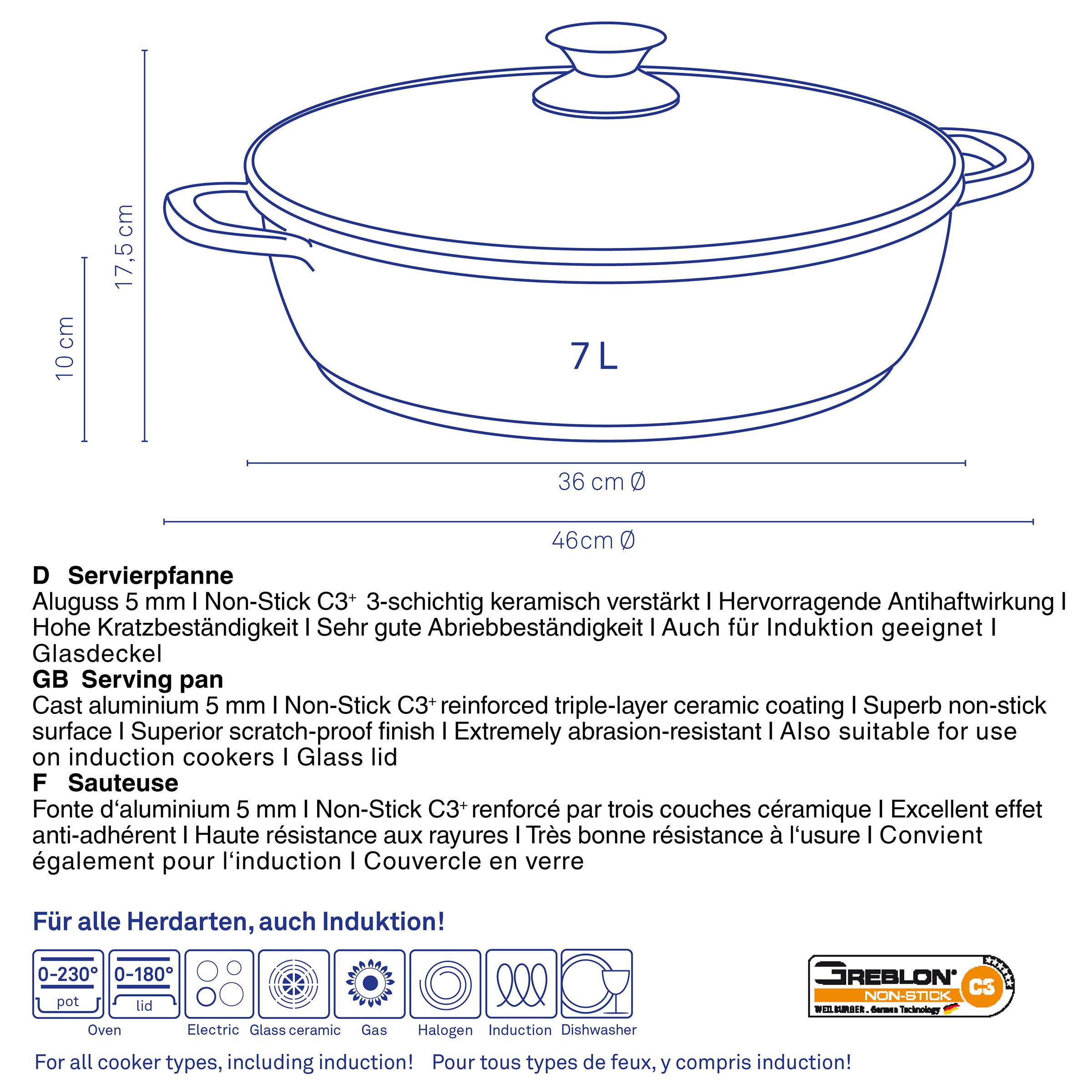 kela Padella da portata36 cm, padella per cottura a induzione con coperchio KERROS, rivestimento in alluminio pressofuso, padella per paella con bordi alti