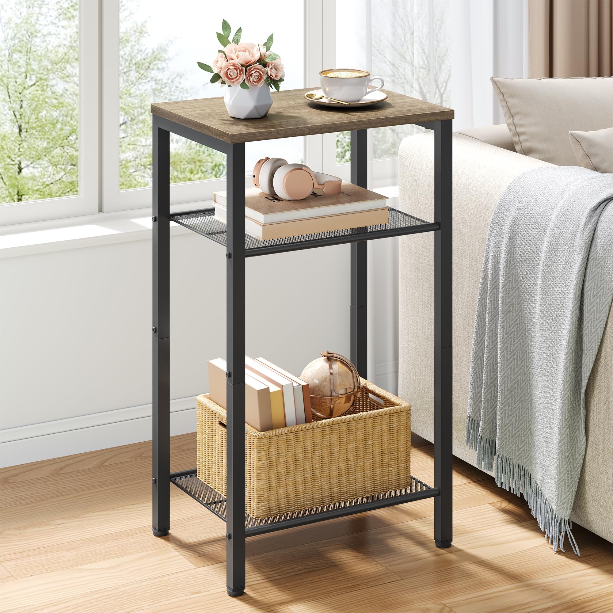 Hoctieon 3 Tier End Table, Telephone Table, Tall Side Table with Storage, Small Nightstand for Small Spaces, Metal Frame, For Living Room, Bedroom, Sofa Couch, Hall, Easy Assembly, Greige