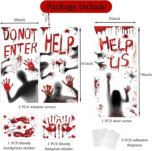 Miniatura 2 de Cubierta de ventana de Halloween sangrienta, decoración de póster de puerta de Halloween, huellas de manos sangrientas, silueta aterradora,