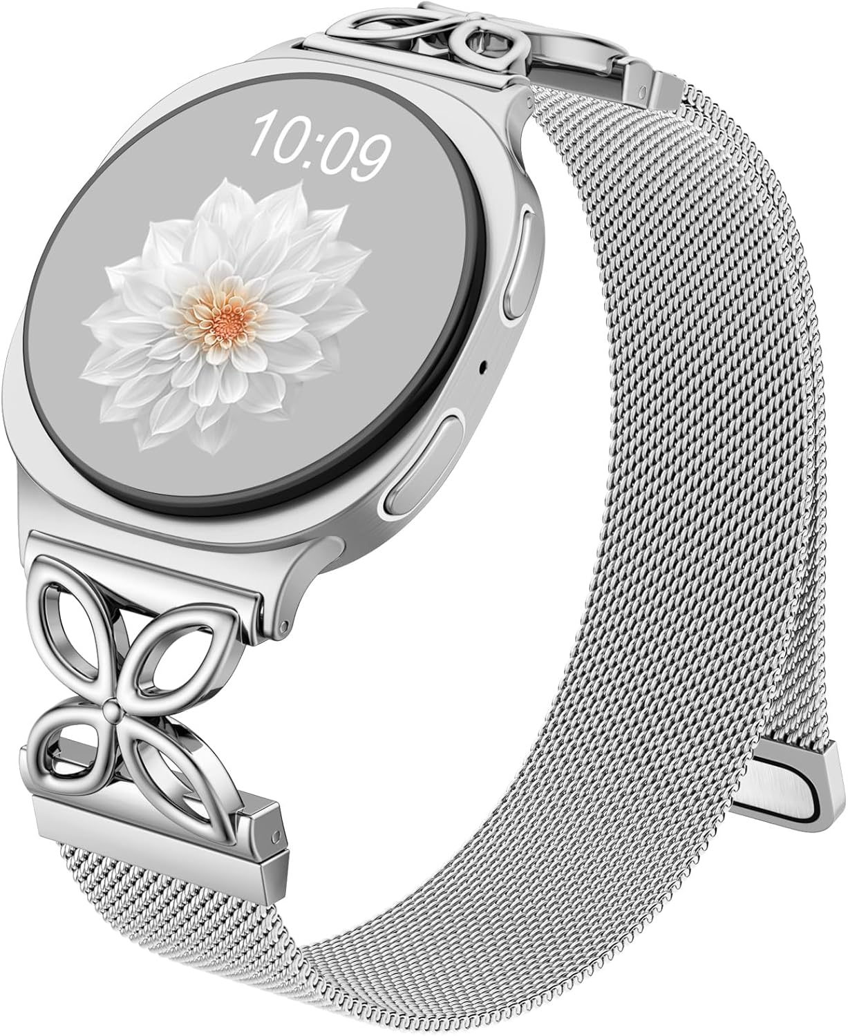 Getino Magnetic Metal Band Compatible with Galaxy Watch 8 / Watch 8 Classic Band, Milanese Floral Dressy Strap for Samsung Watch Bands Women 40mm 44mm 46mm - Silver