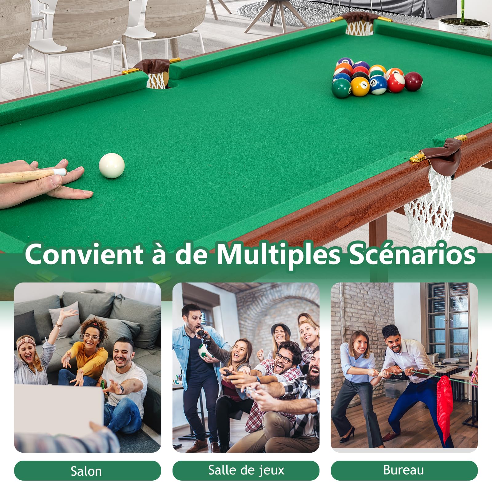 GOPLUS Table de Billard Pliable, Mini Billard Enfant Pliant avec Pieds Pliables et Réglables, Coins Protégés en Cuir, 2 Queues, 2 Craies, 16 Boules, Triangle, Brosse, pour Enfants Adultes,138x67x79CM