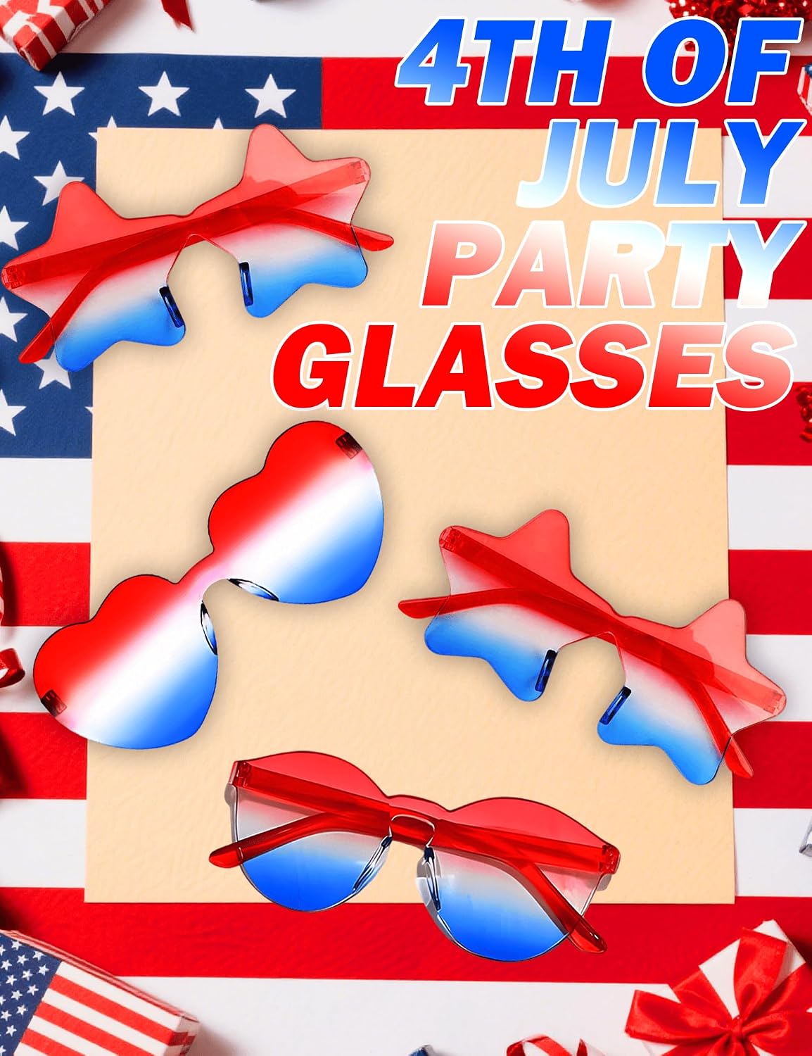 4th of July Glasses 4 Pack Patriotic Star Heart Shaped Sunglasses, USA Red White Blue Accessories, Independence Day Decorations, Memorial Day Party Favors