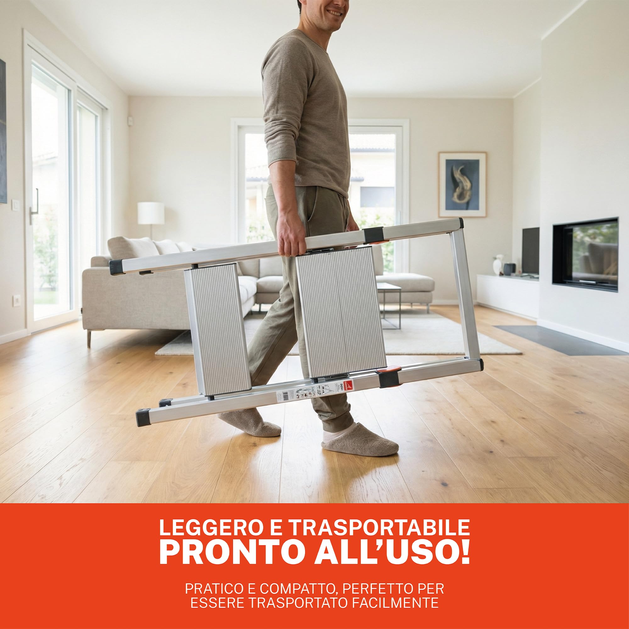 GIERRE Scaletta 2 Gradini Pieghevole Salvaspazio 90H x 41 cm Scala Alluminio con Gradini Zigrinati Profondi 10 Cm Scaletta Pieghevole con Piedini Antiscivolo e Comoda Piattaforma da 30,5 cm