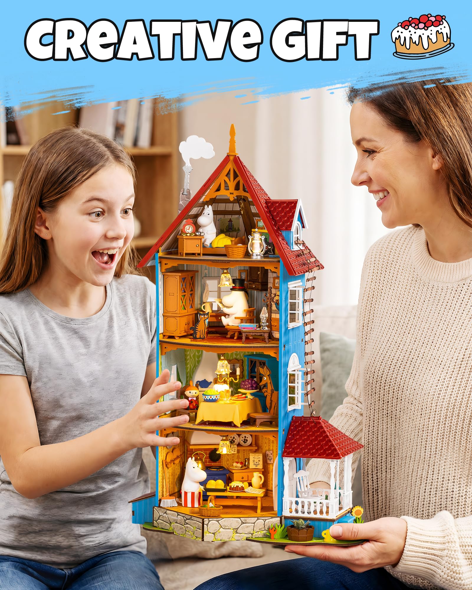 Rolife Muminhaus Miniaturhaus Bausatz, Mumintal Puppenhaus mit LED Beleuchtung, Kreatives Geschenk für Weihnachten und Geburtstag, 7 Stunden