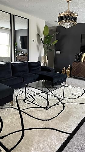 Miniatura 6 de Hauteloom Deren - Alfombra bohemia para sala de estar, dormitorio, casa de campo suave, con pelo de felpa alta, color blanco, negro, crema, beige