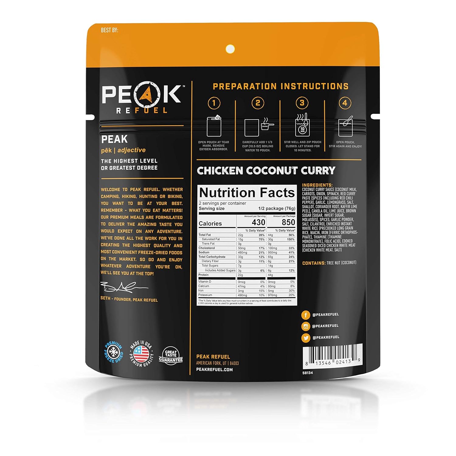 Peak Refuel Chicken Coconut Curry – Freeze-Dried Backpacking & Camping Meal, 6-Pack