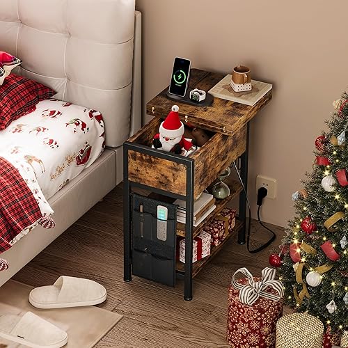 Miniatura 2 de Mesa auxiliar con estación de carga, mesita de noche abatible con puertos USB y tomas, mesa auxiliar de sofá con bolsa de tela y ganchos, mesita de