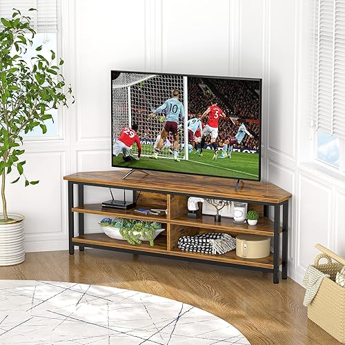 Miniatura 8 de Unikito Soporte de TV de esquina de 55'' con toma de corriente, centro de entretenimiento con 4 estantes de almacenamiento abiertos, marco de metal