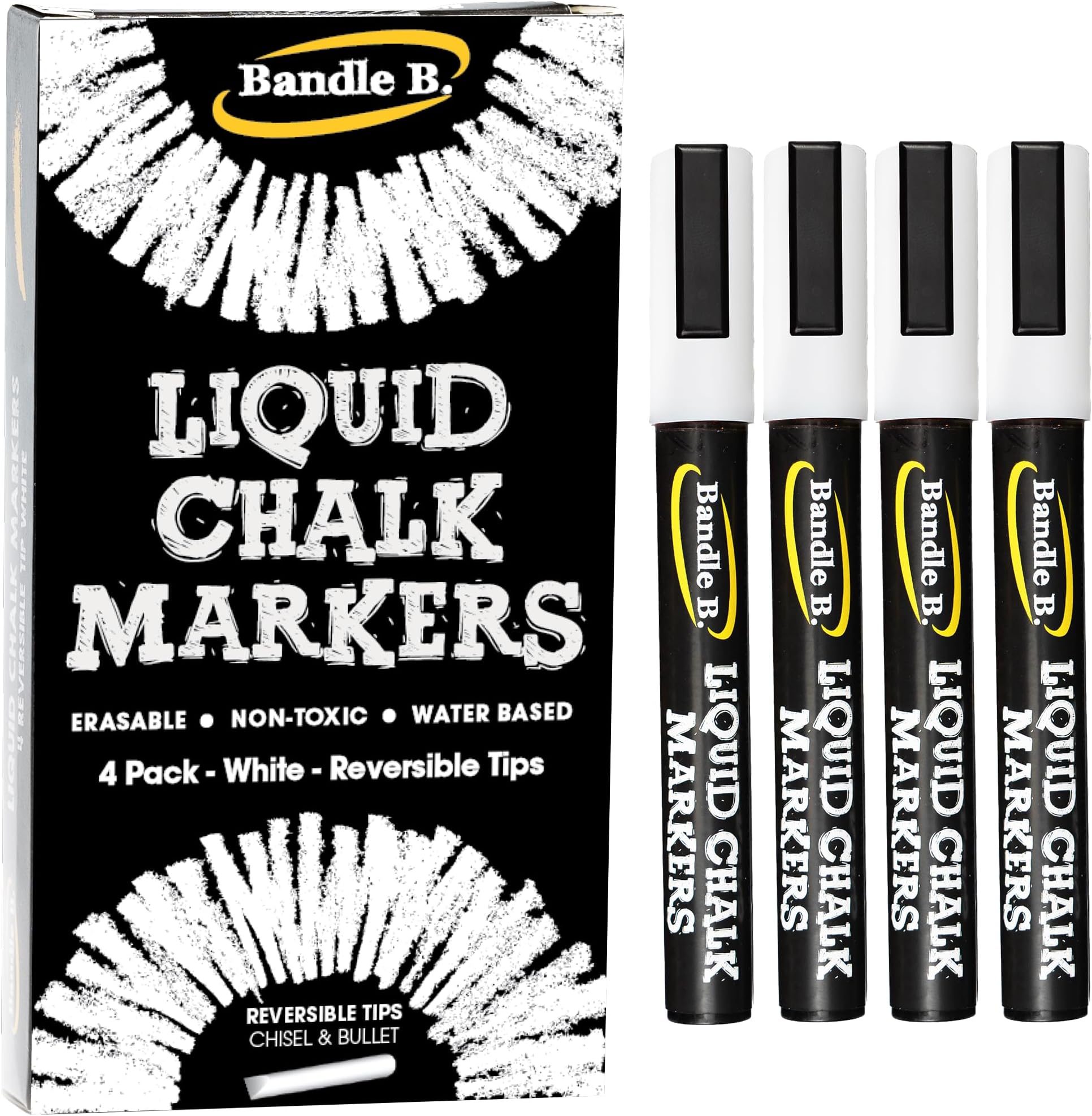 Bandle B. 4-Pack White Erasable Chalk Markers - Non-Toxic, Water-Based, Reversible Tips For Kids & Adults, Glass & Chalkboards
