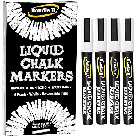 Chalk Markers - 4 White, Erasable, Non-Toxic, Water-Based, Reversible Tips, Crisp White For Kids & Adults for Glass & Chalkboard Markers for Businesses, Restaurants, Liquid Chalk Markers (4 White 6mm)