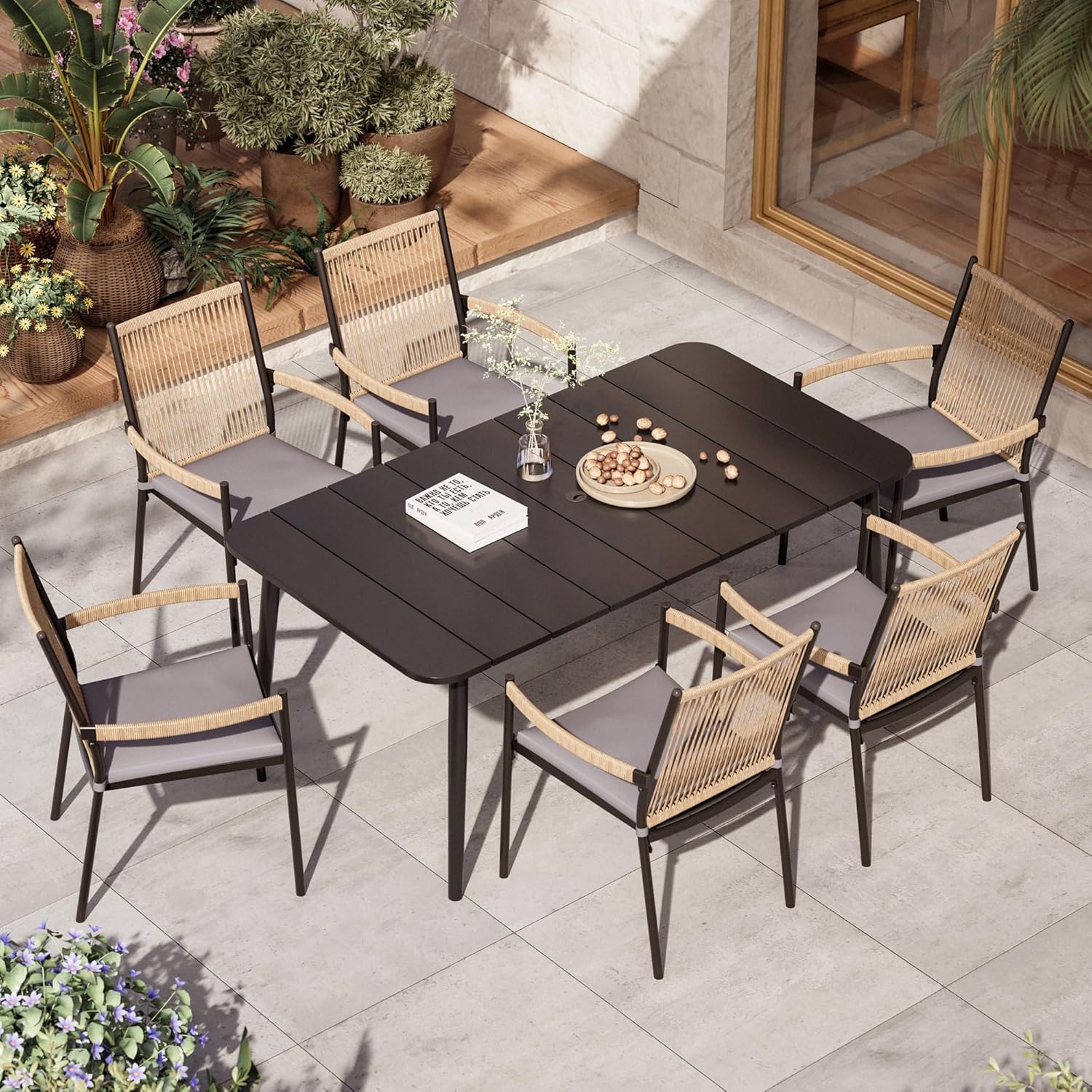 LAUSAINT HOME 7 Pieces Outdoor Patio Dining Set, Wicker Rattan Furniture Set with Umbrella Hole Cut-Out Metal Table and 6 Chairs for Garden, Backyard, Deck, Balcony, Black