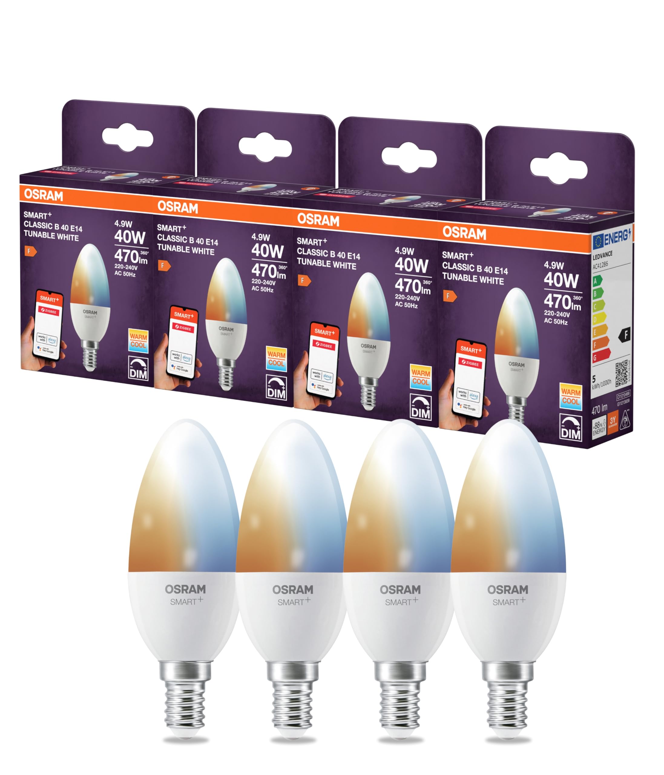 Osram SMART LED Lampe B40 Kerzenform E14, 4.9W ZigBee 3.0, Tunable White 2700-6500K, dimmbar, App Steuerung, Alexa