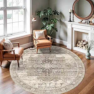RUUGME Washable 6 ft Round Rug - Boho Rugs for Living Room Stain Resistant Carpet Vintage Tribal Rugs for Bedroom Kitchen Dining Room with Non Slip Backing Home Decor Floor Decoration Mat 6ft Beige