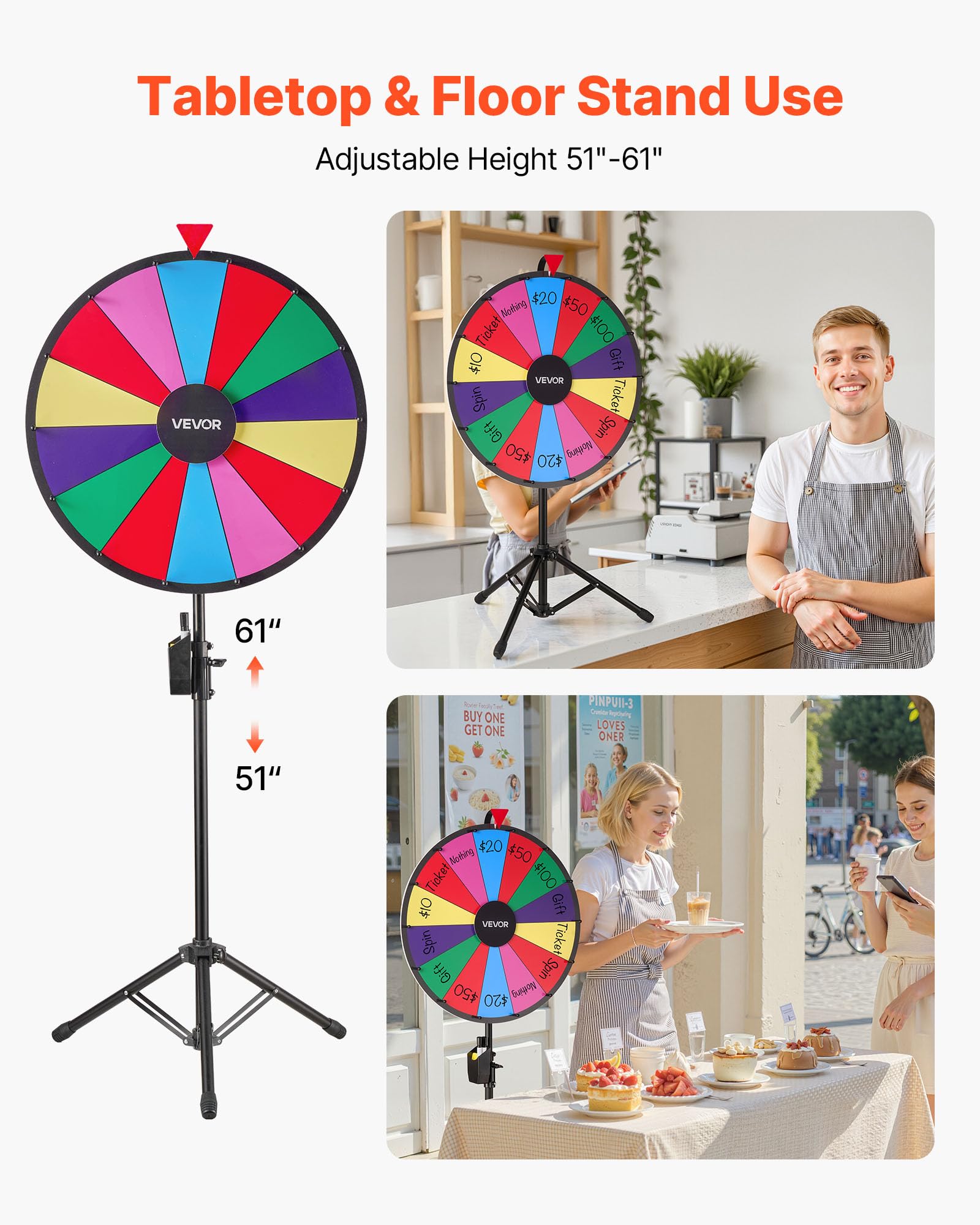 VEVOR Ruota dei Premi Girevole da 610 mm, Ruota Girevole a 14 Slot con Treppiede, Altezza Regolabile, Roulette Win Fortune con Cancellabile a Secco e 2 Pennarelli, 6 Colori, per Feste, Pub, Carnevale