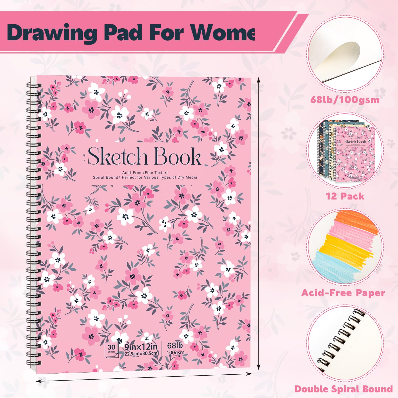 Confezione da 12 quaderni da disegno, 22,9 x 30,5 cm, 30,8 kg/100 g/m², rilegatura a spirale, senza acidi, forniture artistiche per disegni e schizzi per artisti femminili (30 fogli ciascuno)