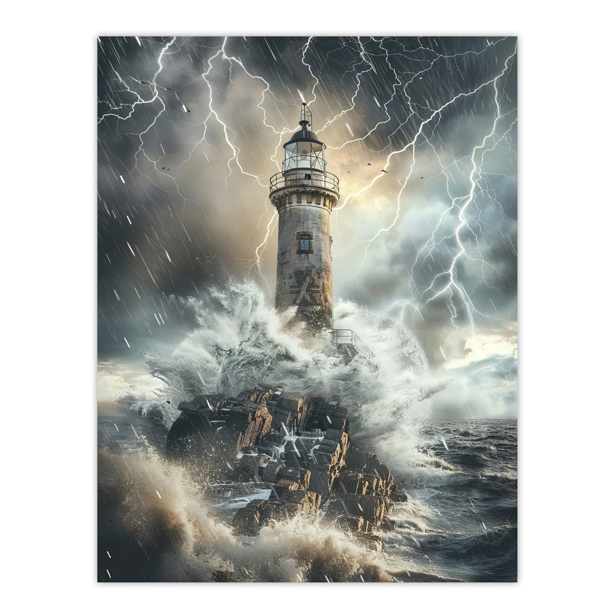 Artery8 Lighthouse Thunderstorm Sea Crushing Waves Living Room Large Wall Art Poster Print Thick Paper 18X24 Inch