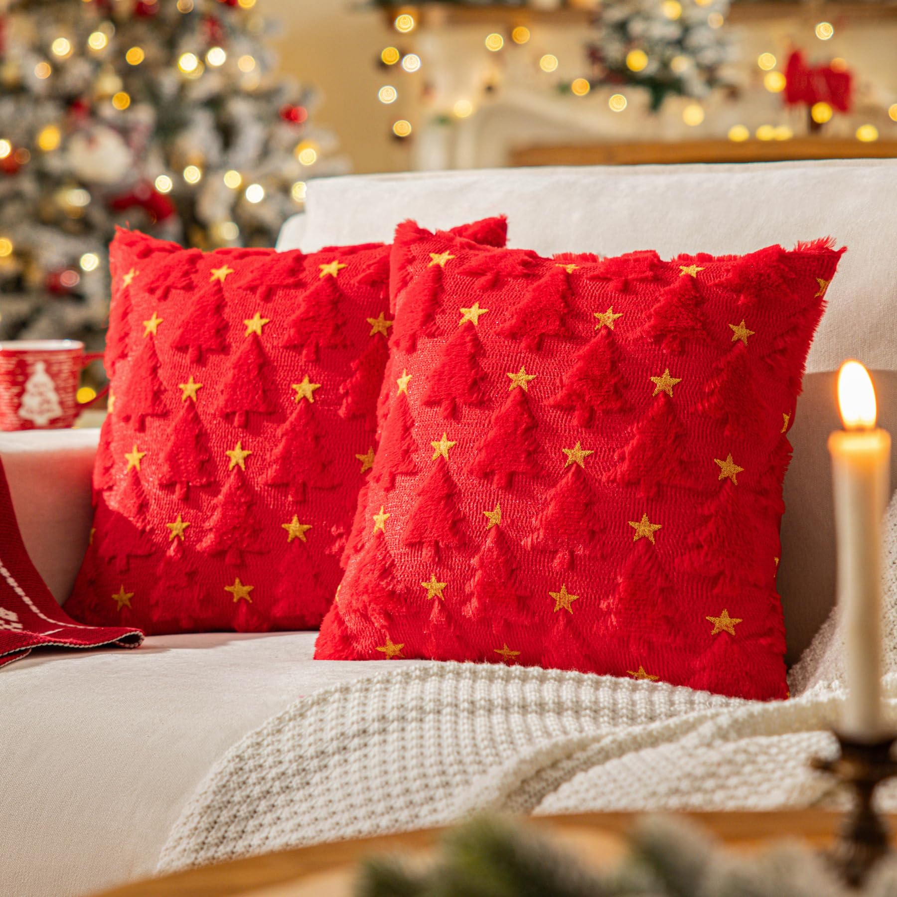 Red Christmas Tree Throw Pillow Covers 18"x18", Star Shaped Embroidered Pillow Covers Winter Soft Plush Embroidery Cushion Covers Decorative Holiday Pillowcases for Thanksgiving Home Decor