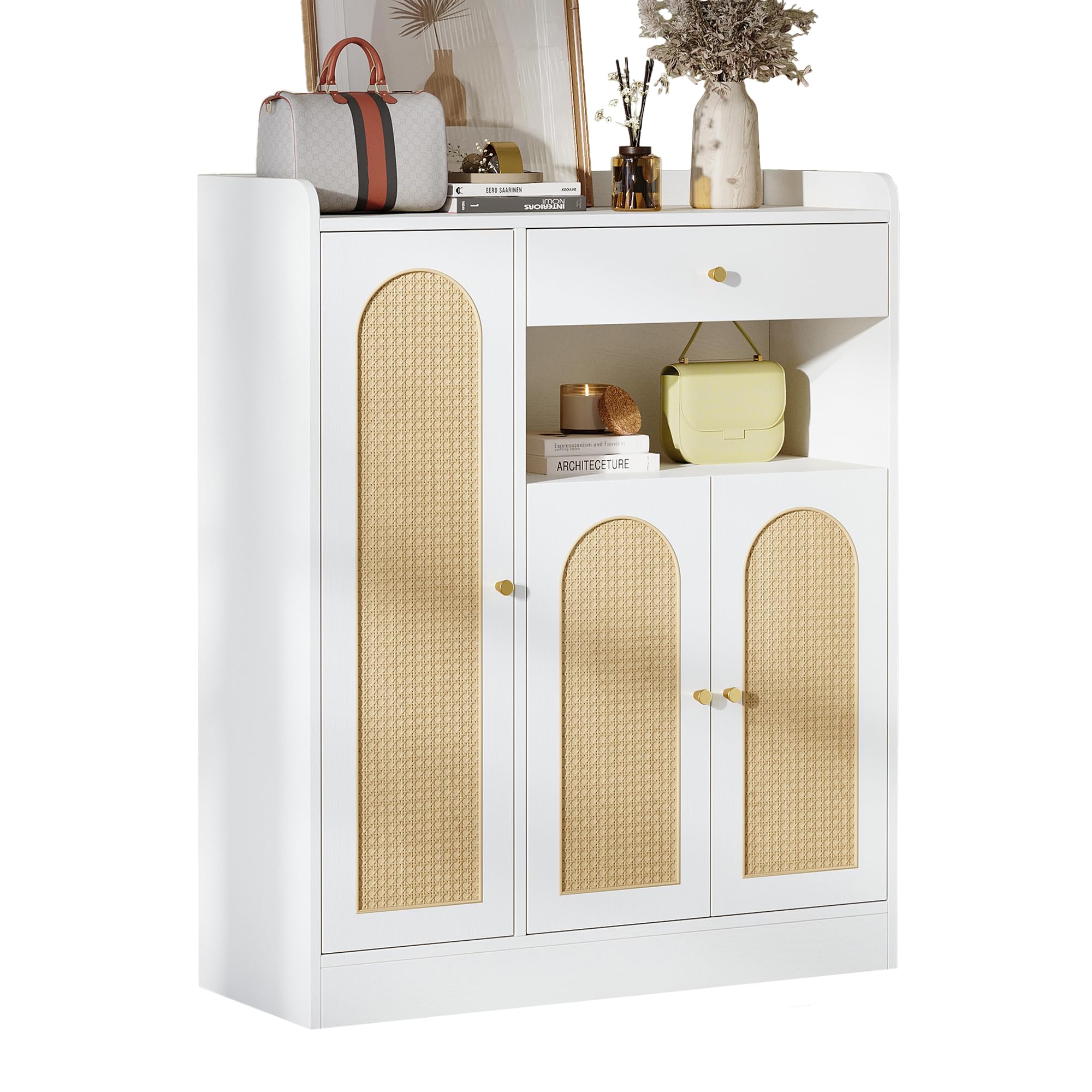 Zapatero (90 x 35 x 110 cm, con 3 puertas, cajón, aspecto de ratán), color blanco natural | Zapatero de color natural con 3 puertas, cajón, estantes ajustables, sistema antivuelco y efecto ratán.
