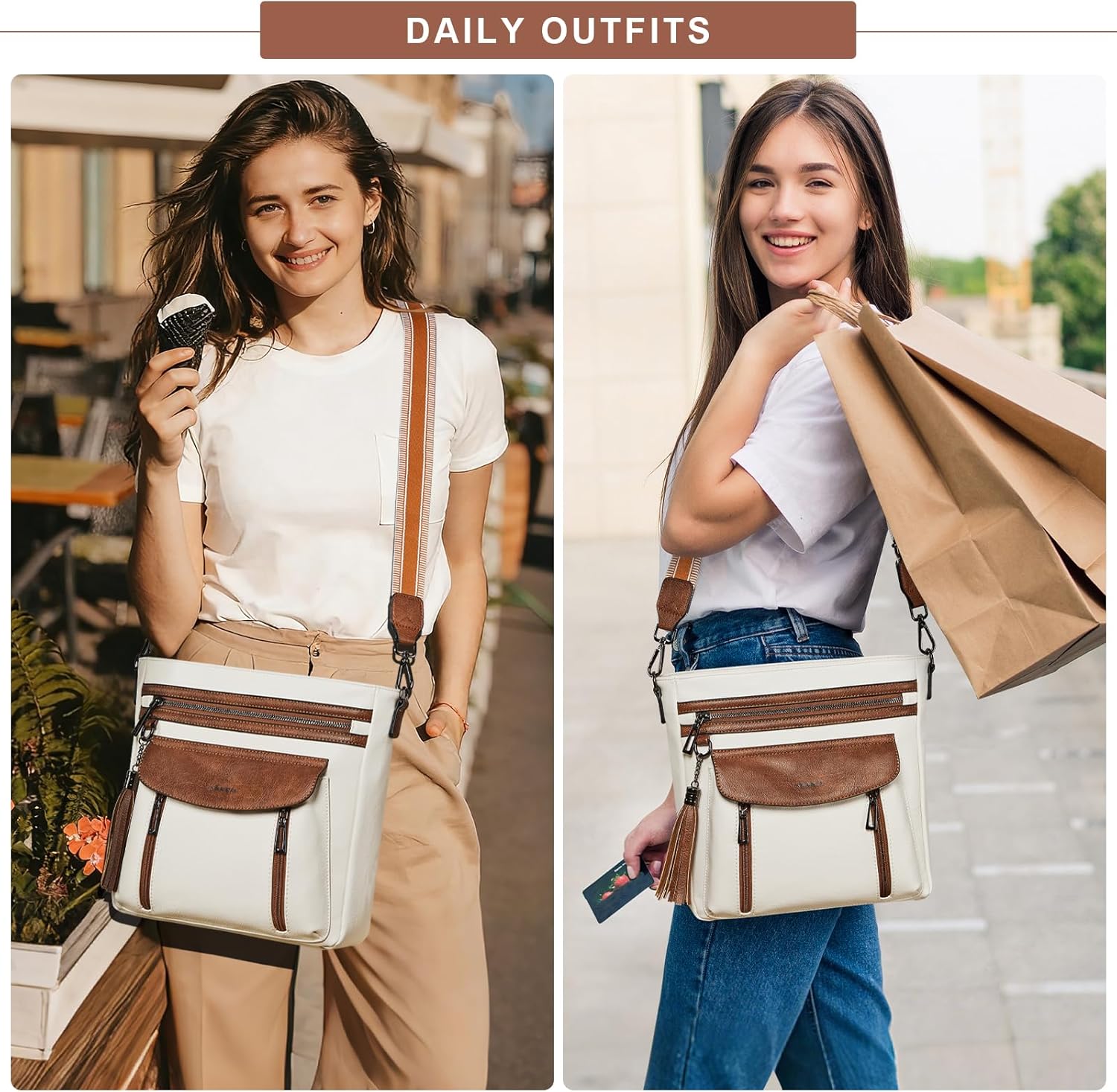 Shrrie Leather Crossbody Bags for Women, Multiple Pockets Crossbody Purse with Wide Strap, Magnetic Snap Shoulder Handbags
