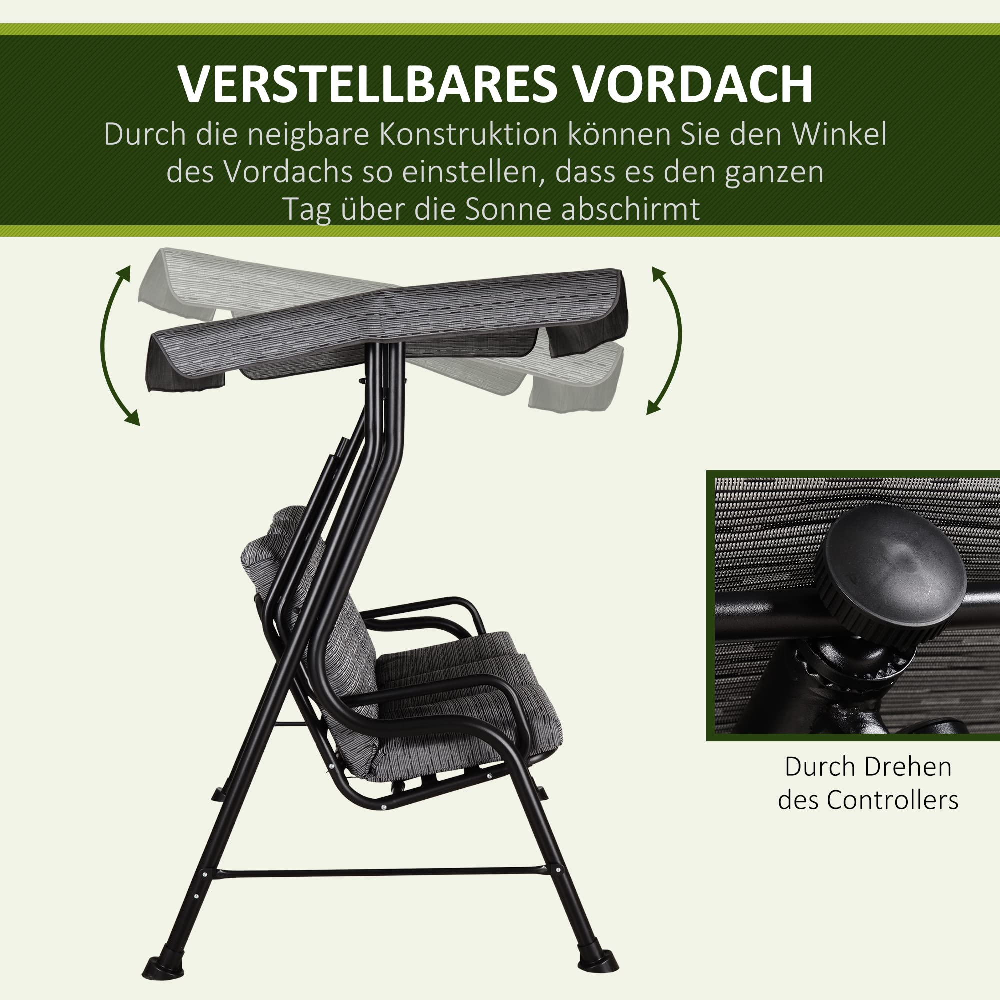 Outsunny Hollywoodschaukel 3-Sitzer Gartenschaukel 200 x 120 x 170 cm Grau | Verstellbares Sonnendach, Texteline
