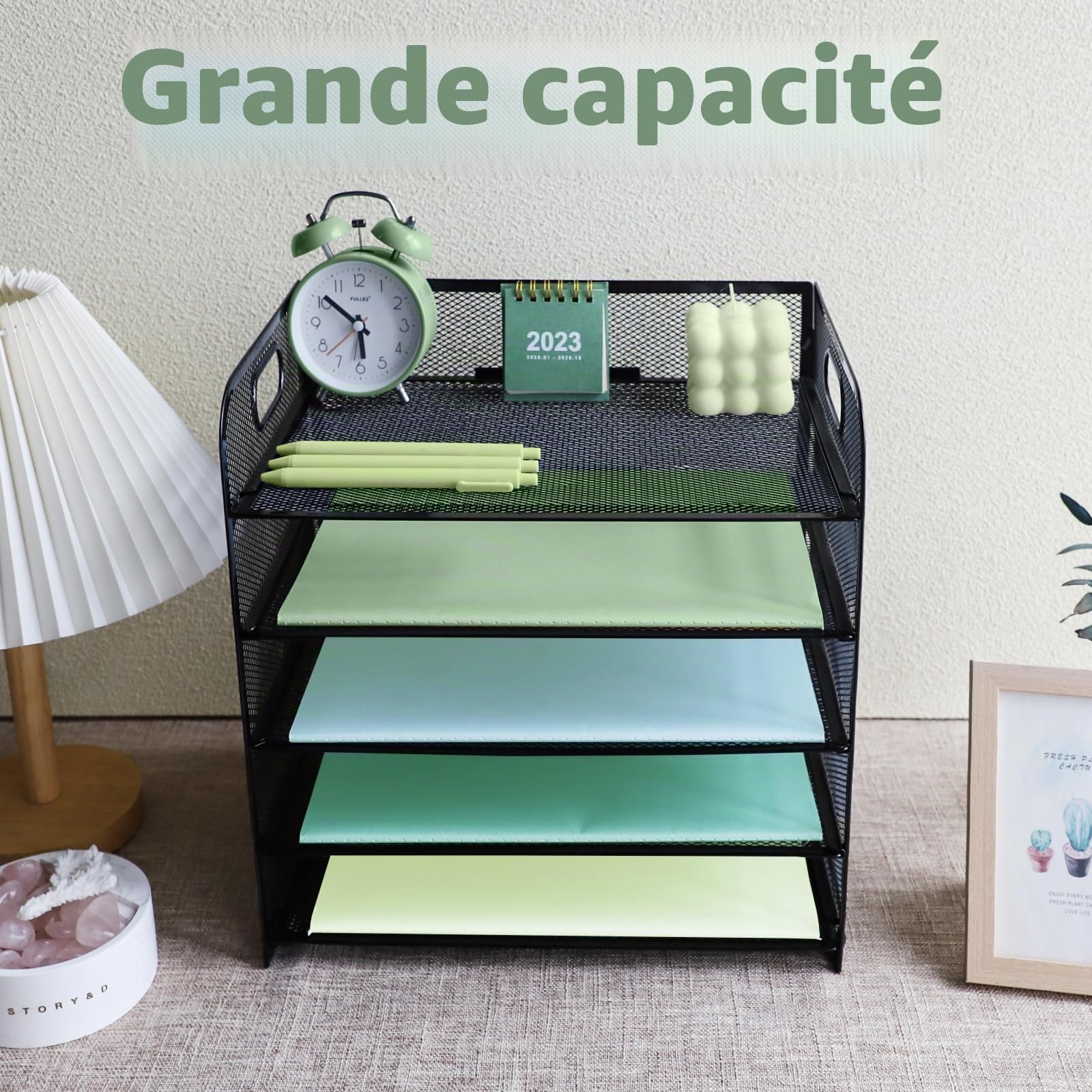 Lot de 2 corbeilles à courrier avec poignée, organiseur de bureau en maille métallique à 5 niveaux, plateaux pour papier A4, porte-revues et porte-documents