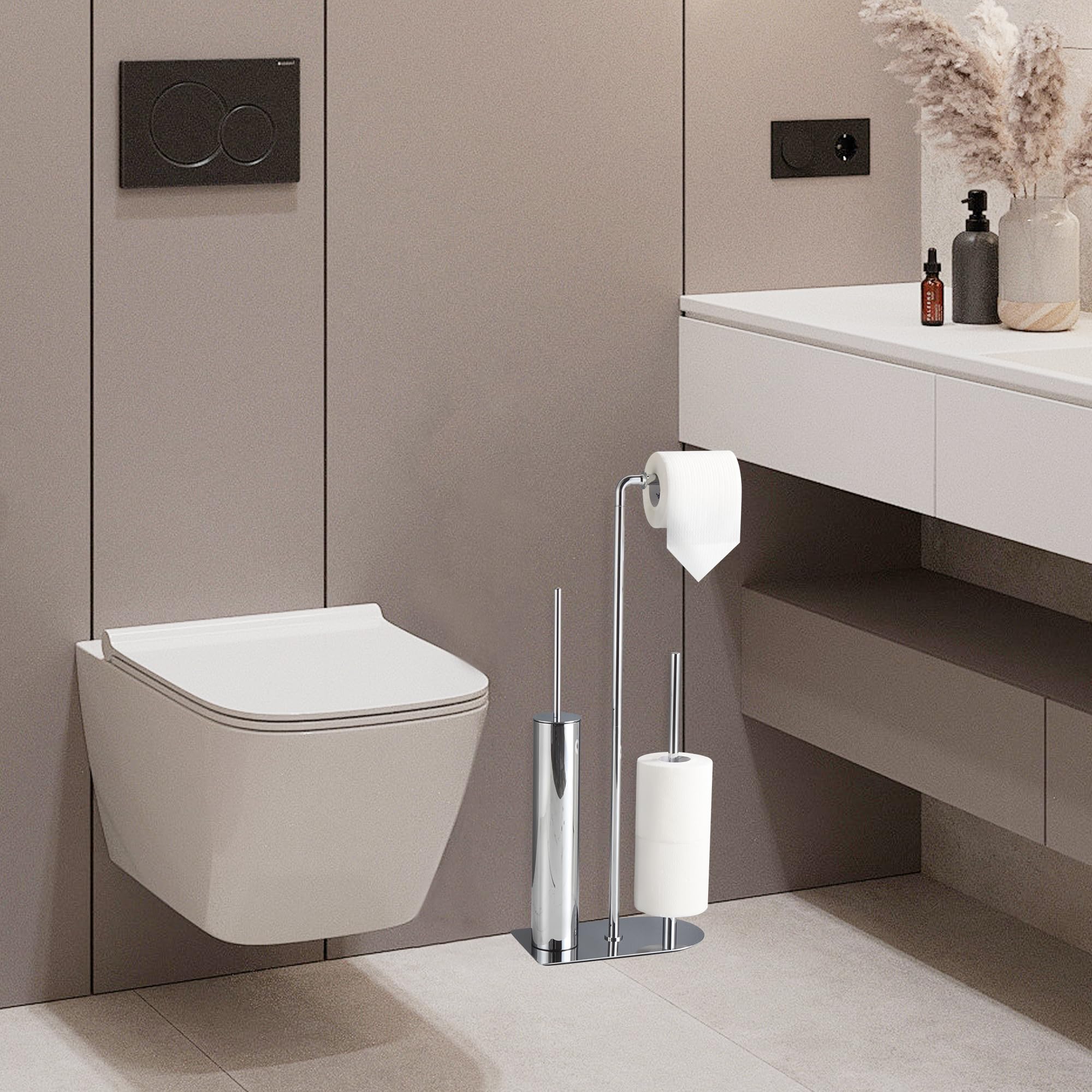 Toilettenpapierhalter mit WC Bürste und Aufbewahrung, freistehender klopapierhalter für Badezimmer und Gästetoiletten, schwarzer Wc garnitur aus Edelstahl rostfrei und ohne Bohren (Chrom)