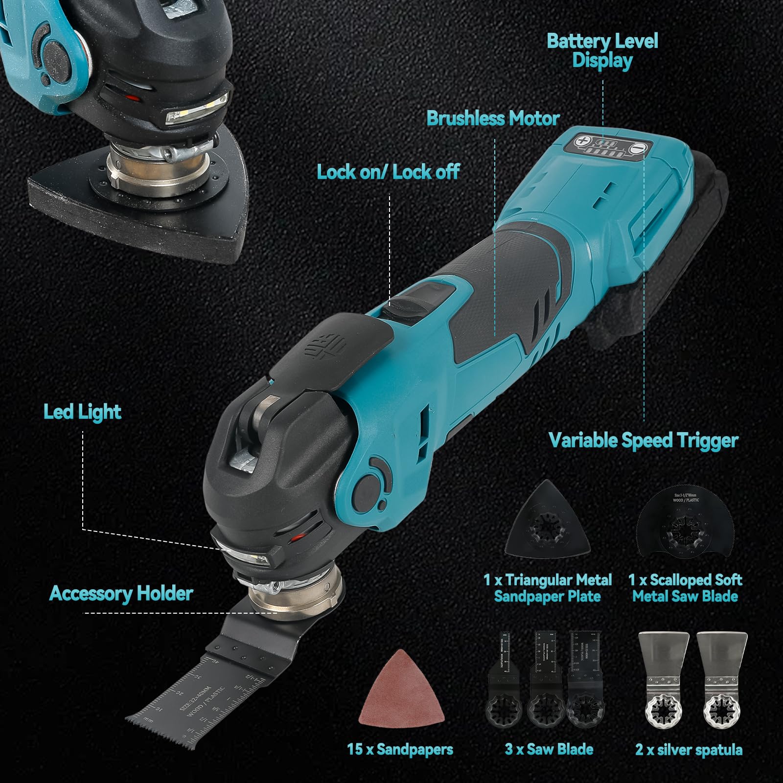 Multiherramienta oscilante inalámbrica para batería Makita de 18 V, ángulo de oscilación de 4° sin escobillas, 5 velocidades variables, cambio de hoja sin herramientas para lijar, cortar, raspar