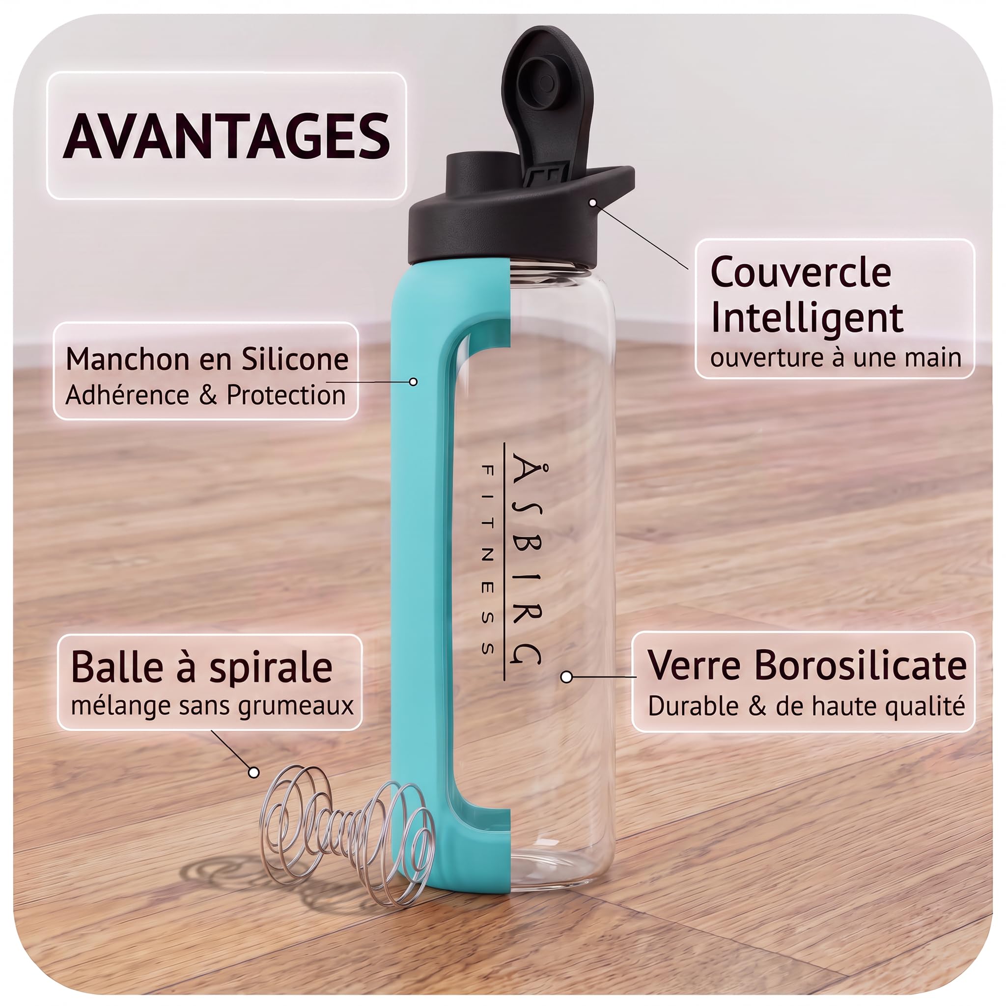 Lot de 3 Shakers Protéinés en Verre – 700ml avec Bille Mélangeuse Spiralée – Noir, Aqua et Beige – Sans BPA, Étanche, Idéal Fitness & Musculation