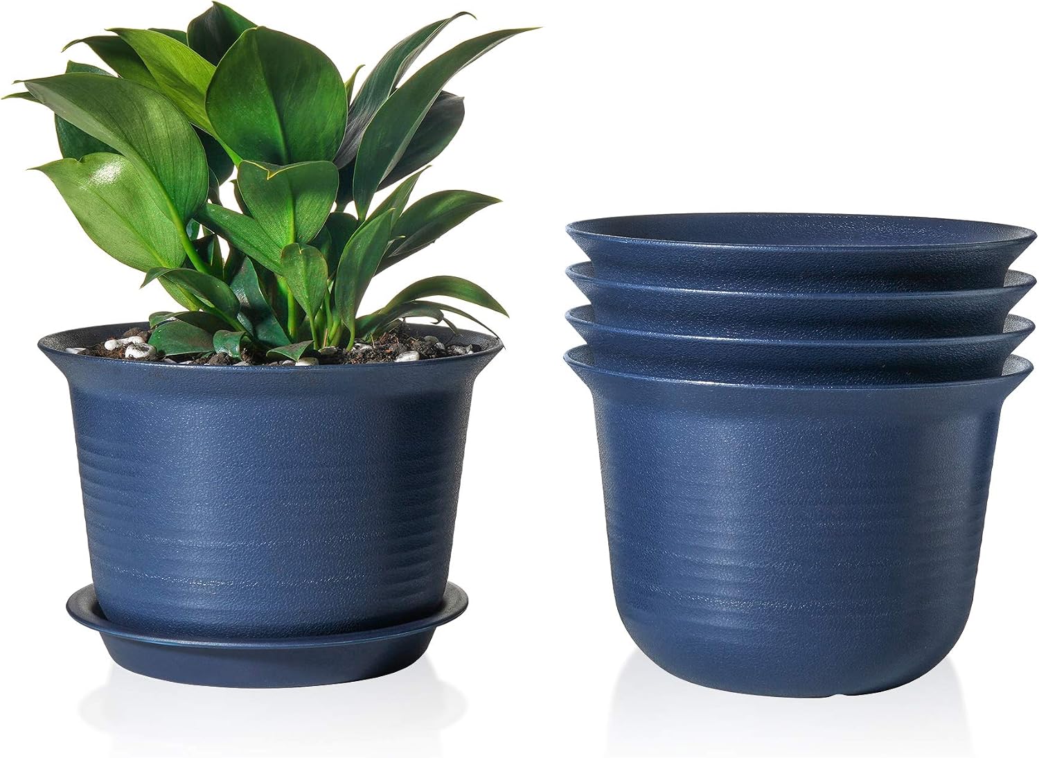 POTEY Plastic Pot 7 Inch Indoor Planter with Drainage Hole and Trays for All House Plants - 007, Set of 5, Blue