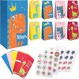 32PCS Paper Gift Candy Bags, Cute Dinosaur Party Favor Supplies Treat Bags with 36PCS Dinosaur Stickers and 1-24 Number Stickers, Small Kraft Loot Bags Goody Bags for Kids Birthday Baby Shower Halloween Christmas Party Decorations