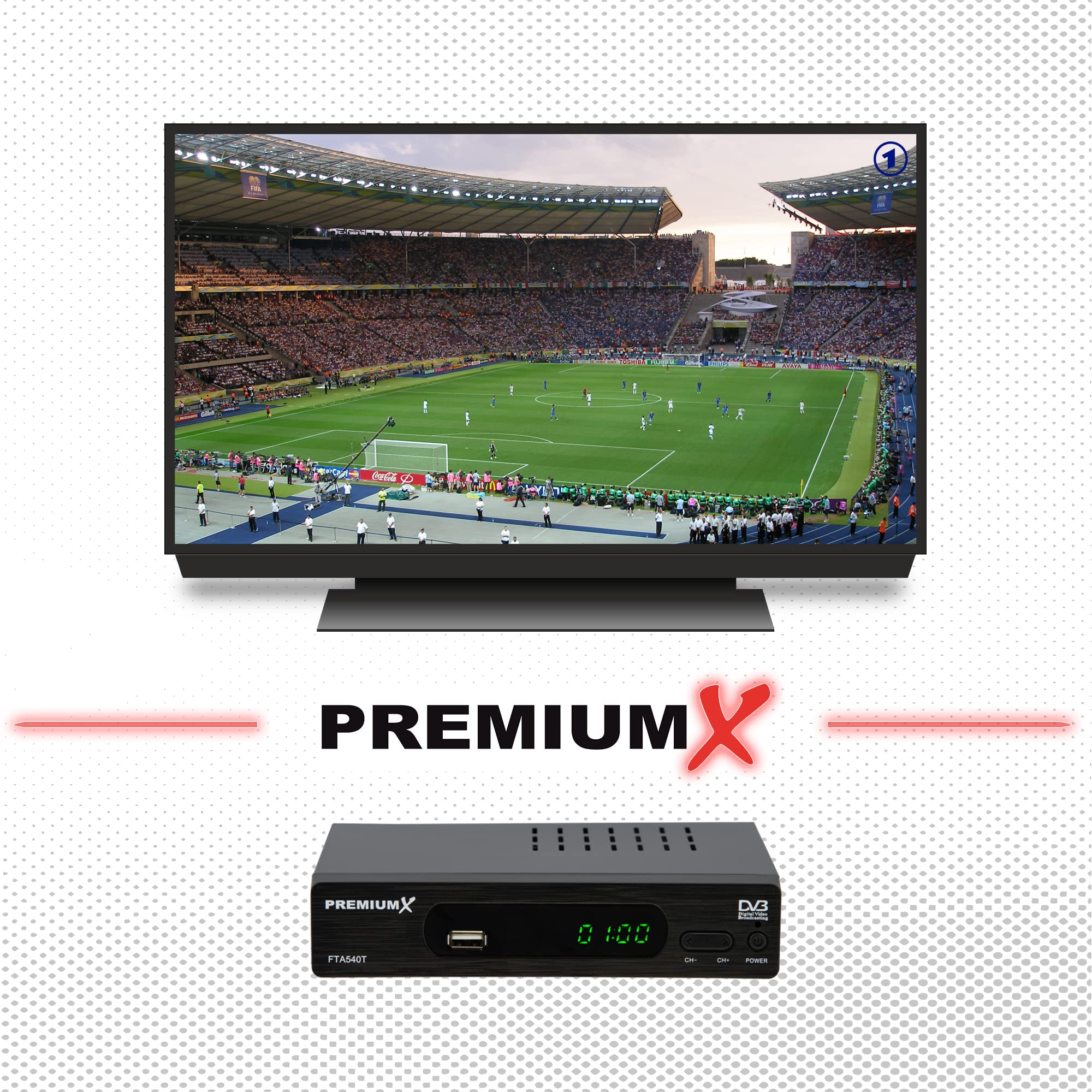 PremiumX FTA 540T Full HD Digitaler DVB-T2 terrestrischer TV Receiver H.265 HEVC | USB Mediaplayer SCART HDMI Antennenkabel | Auto Installation