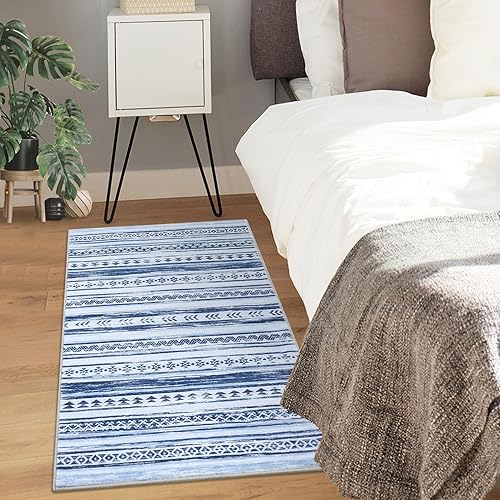 CAREMEE Alfombras bohemias de 2 x 3 pies, alfombras de cocina, antideslizantes, lavables, alfombras de baño, alfombra azul estampada, alfombra
