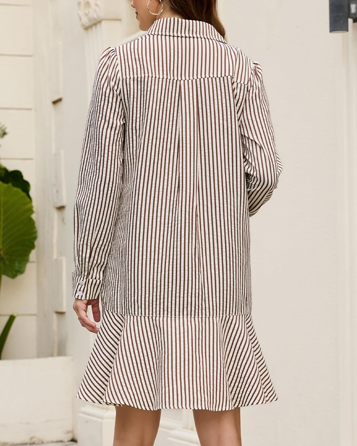 Womens Striped Shirt Mini Dress Long Sleeve Collared Button Up Flowy Ruffle Hem Swing Shift Tunic Dress - Image 2
