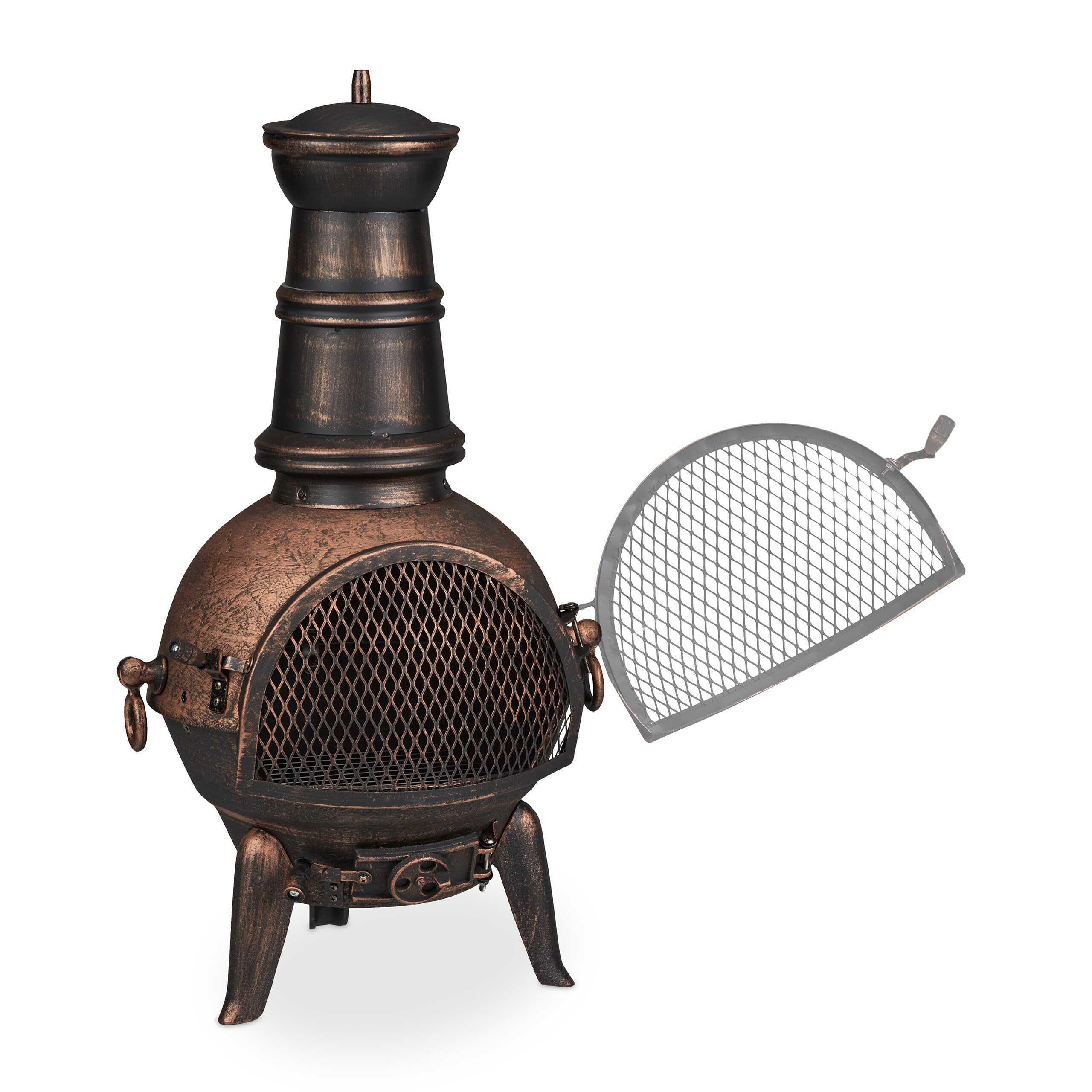 Relaxdays Chimenea Exterior, Estufa Terraza, con Atizador, Hierro Fundido, Protección Antichispas, 86x46x38 cm, Bronce