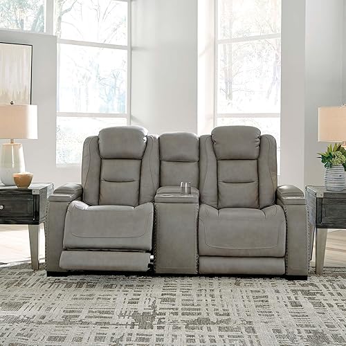 Miniatura 2 de Signature Design by Ashley The Man-Den - Sofá biplaza reclinable de cuero con consola central, reposacabezas ajustable y carga inalámbrica, gris