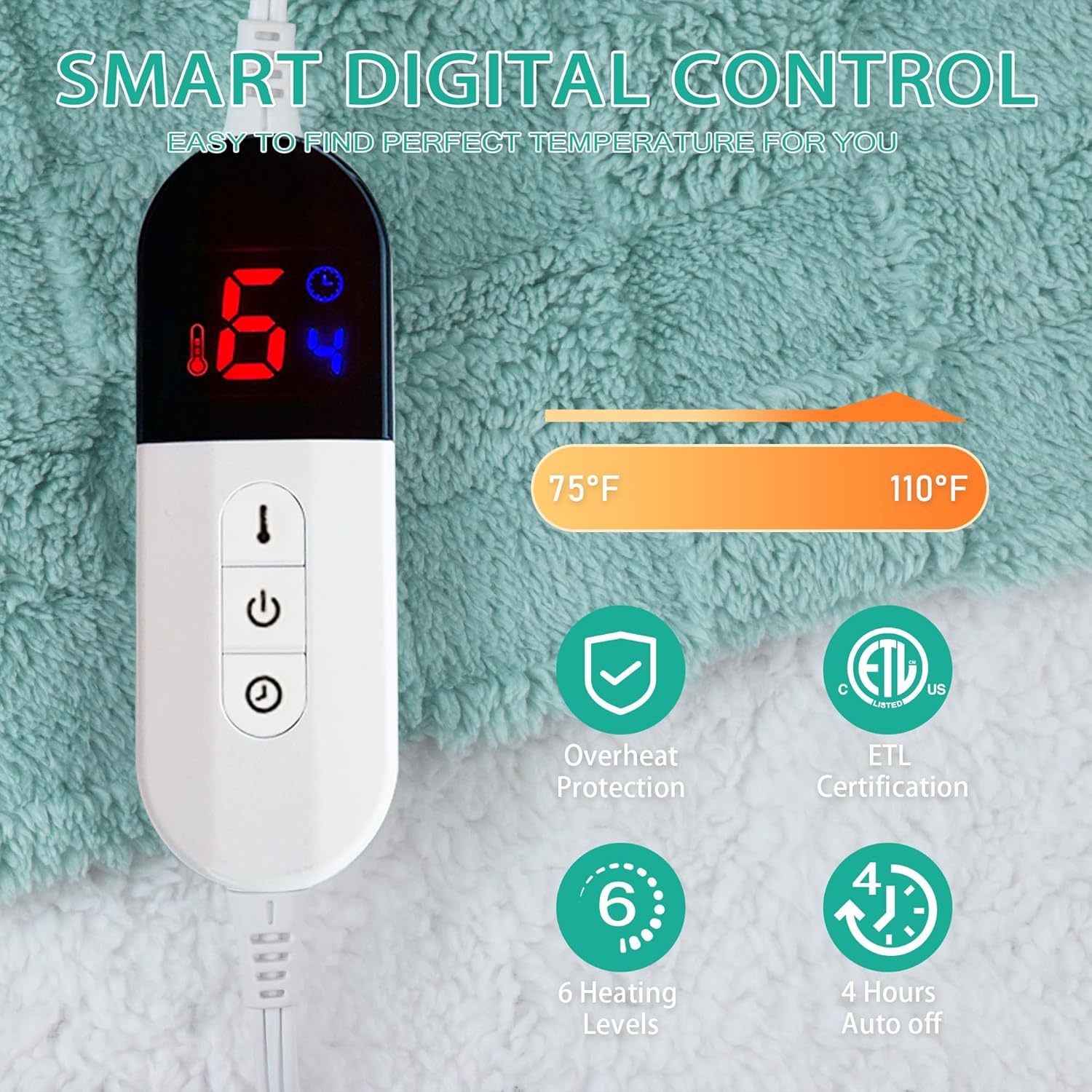 Electric Blanket Throw - Soft Checked Flannel with 6 Heating Levels, 4 Hours Auto-Off, Fast Heating, ETL & FCC Certified, Overheating Protection, Cozy Heated Blanket Throw (Green, 50"X60") - Image 3