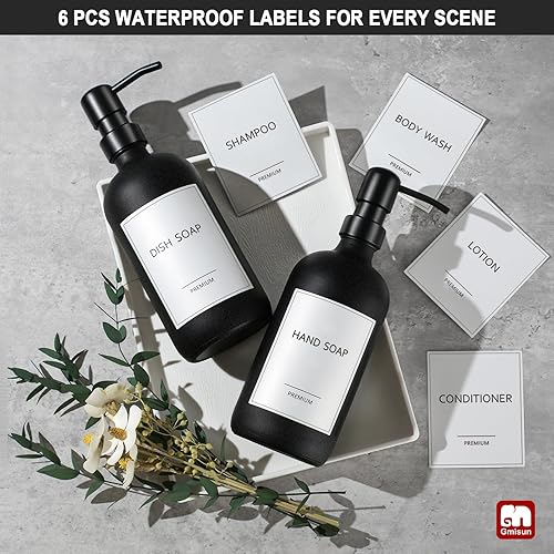 Miniatura 8 de GMISUN Dispensador de jabón de vidrio ámbar, paquete de 2 dispensadores de jabón de manos de baño con bomba de bambú, juego de dispensador de jabón