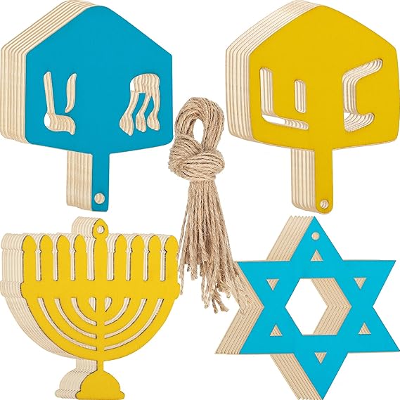64 Pieces Hanukkah Wood Cutouts Set 32 Star Dreidel Menorah